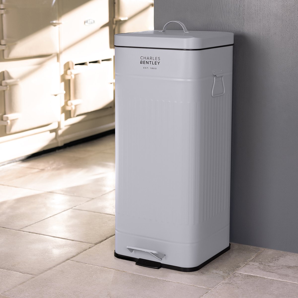 Charles Bentley 30L Steel Square Retro Kitchen Pedal Waste Bin - Light Grey