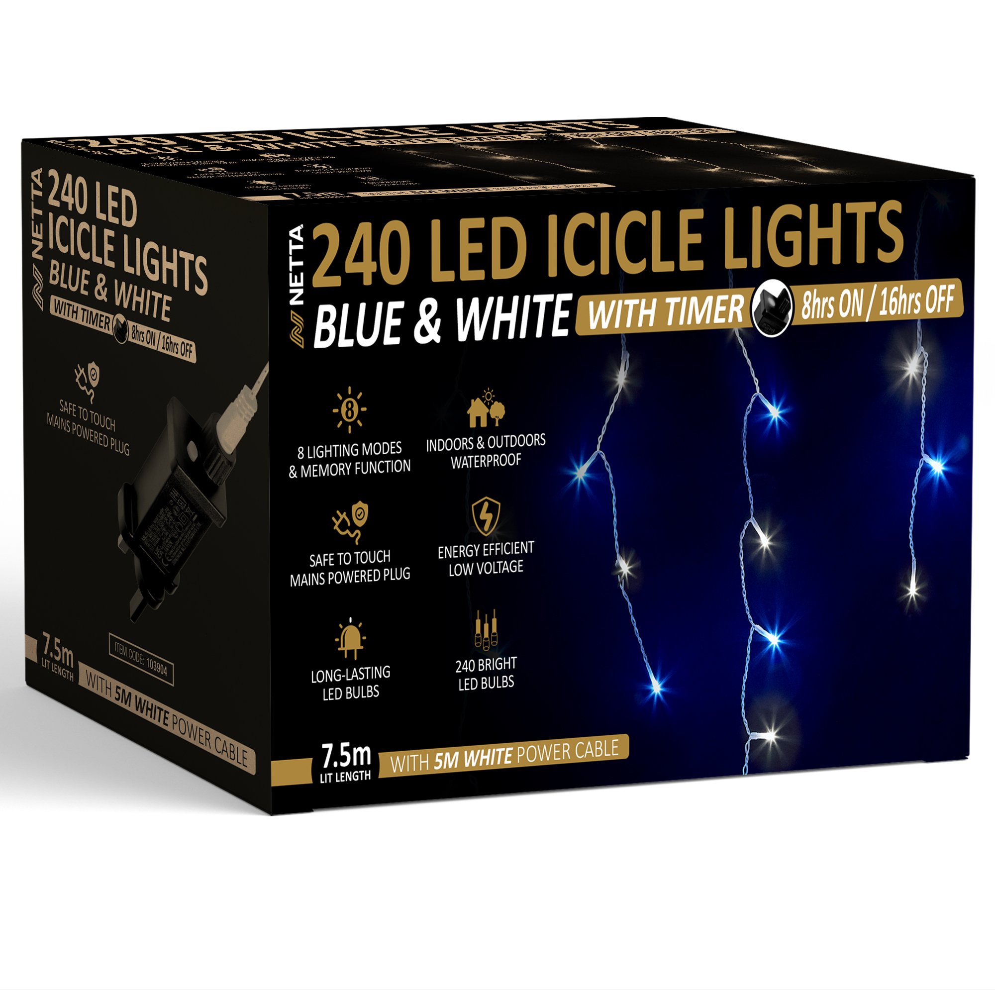 NETTA 7.5m 240 LED Outdoor Icicle Christmas Lights with Timer - Blue White