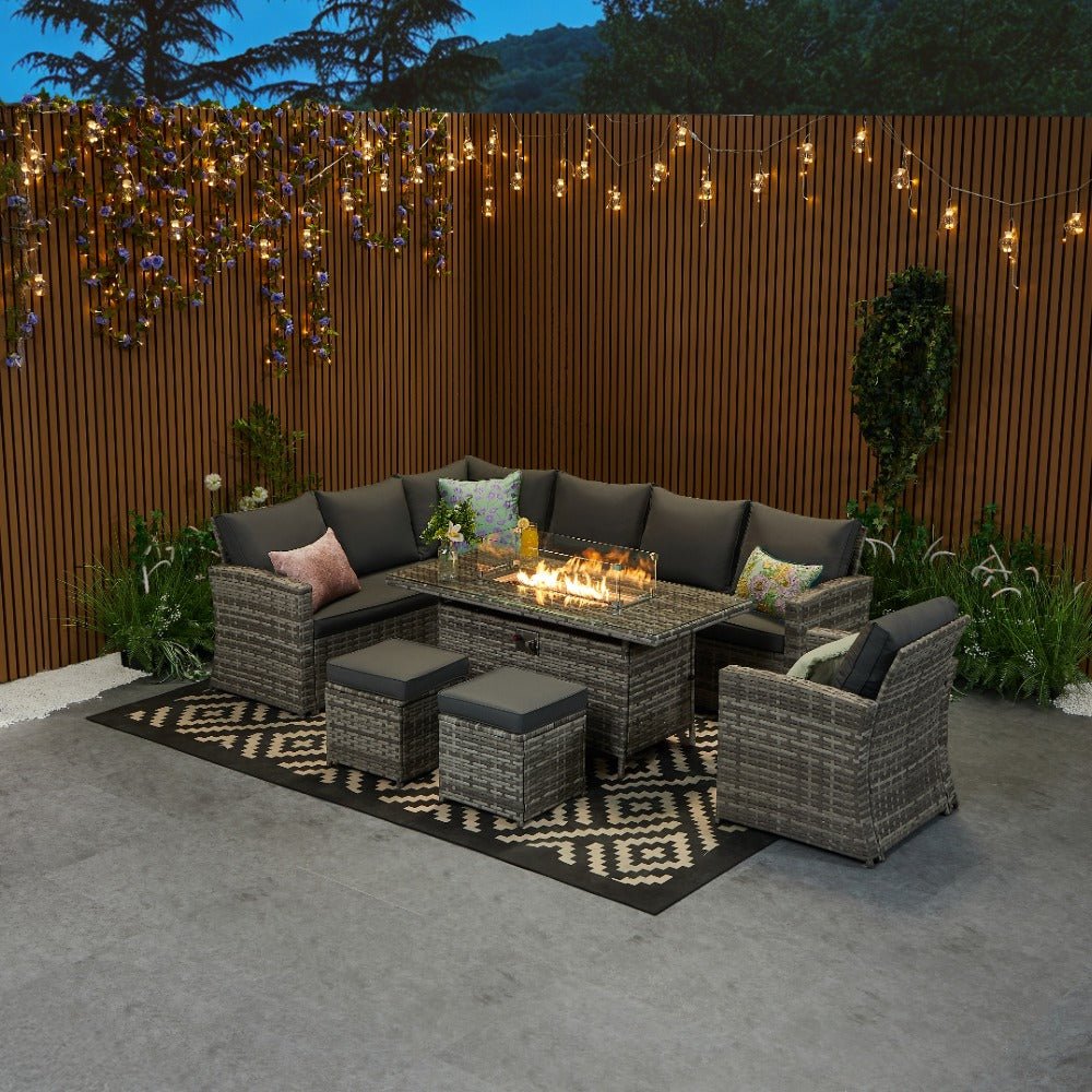 Furniture Maxi Rosen Rattan Effect 9 Seater Sofa Set with Fire Pit Table - Grey