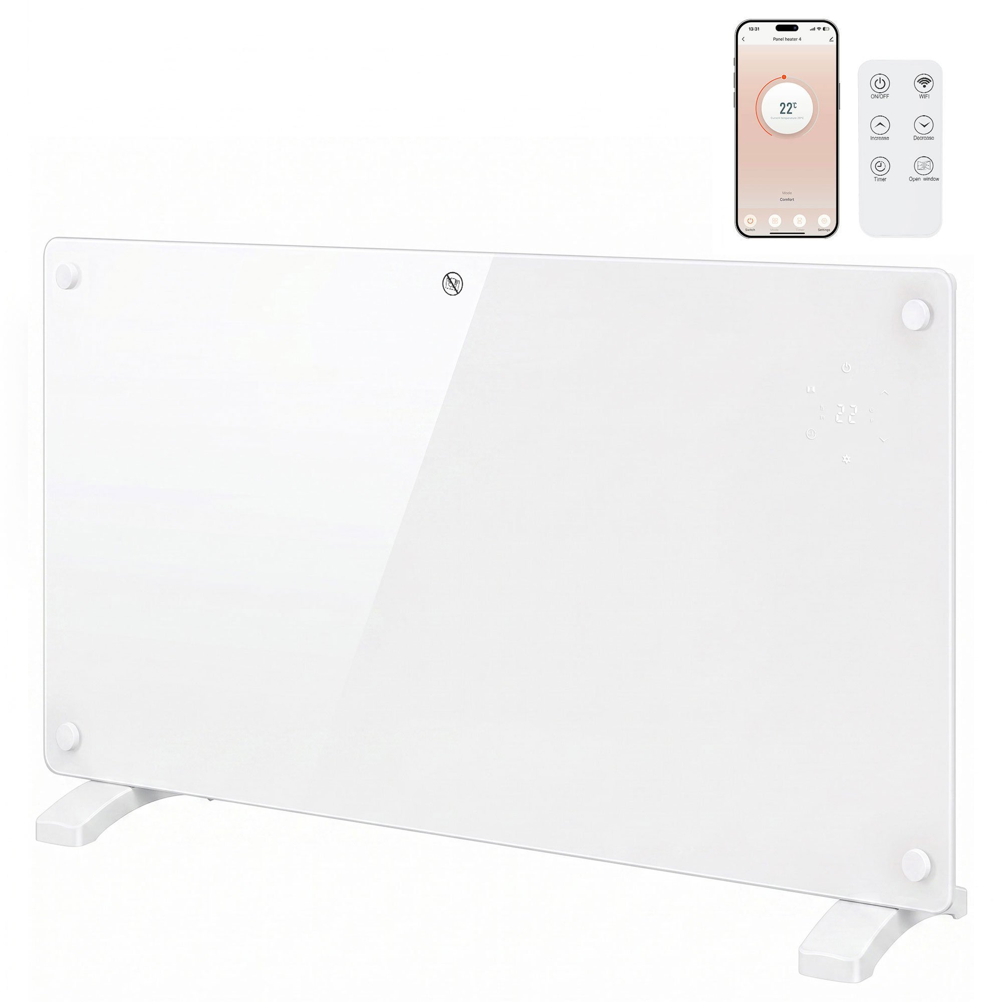 HOMCOM 1500W Wifi Enabled Smart Glass Panel Heater Wall With Timer - White