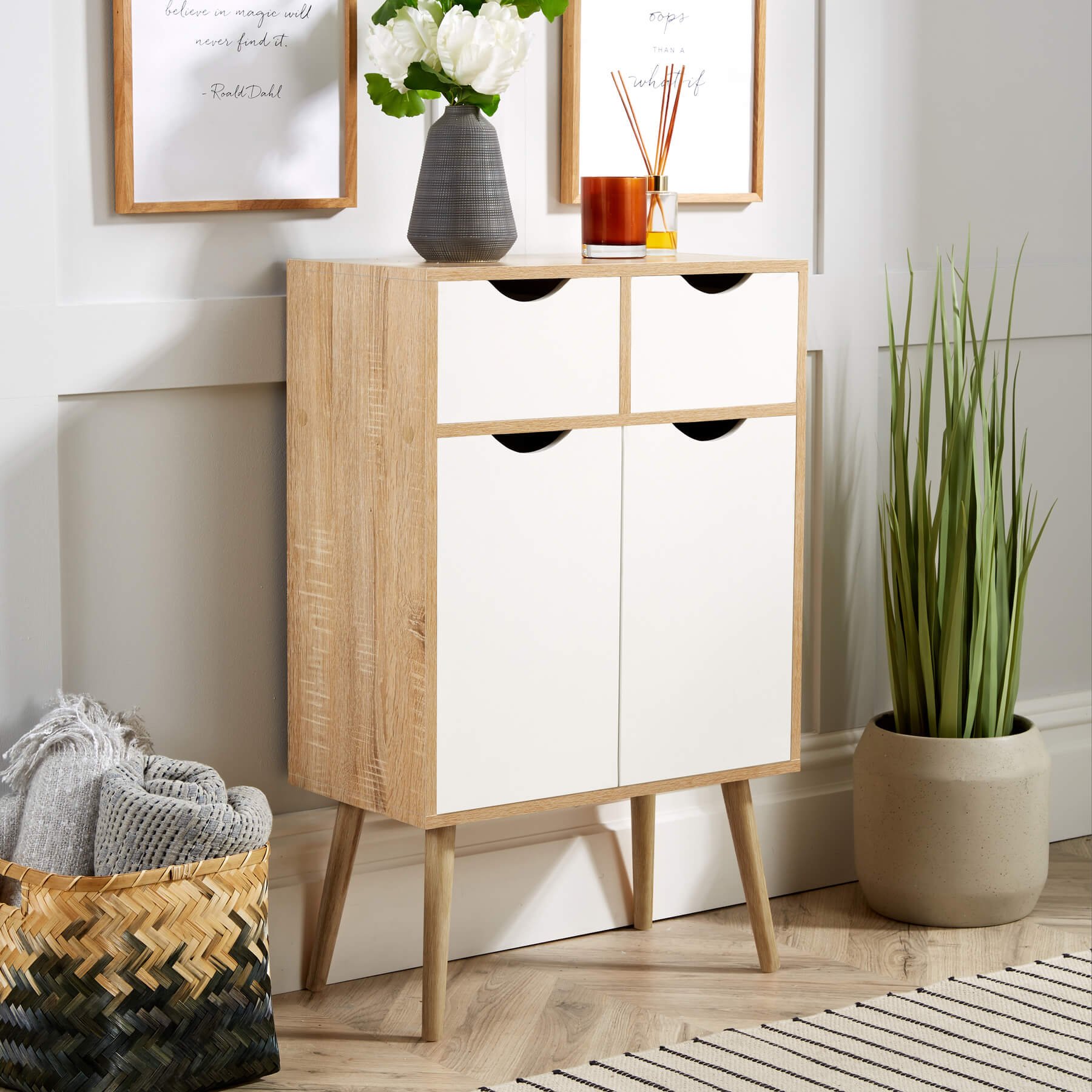 Home Source Boden 2 Drawer Storage Cupboard - Oak