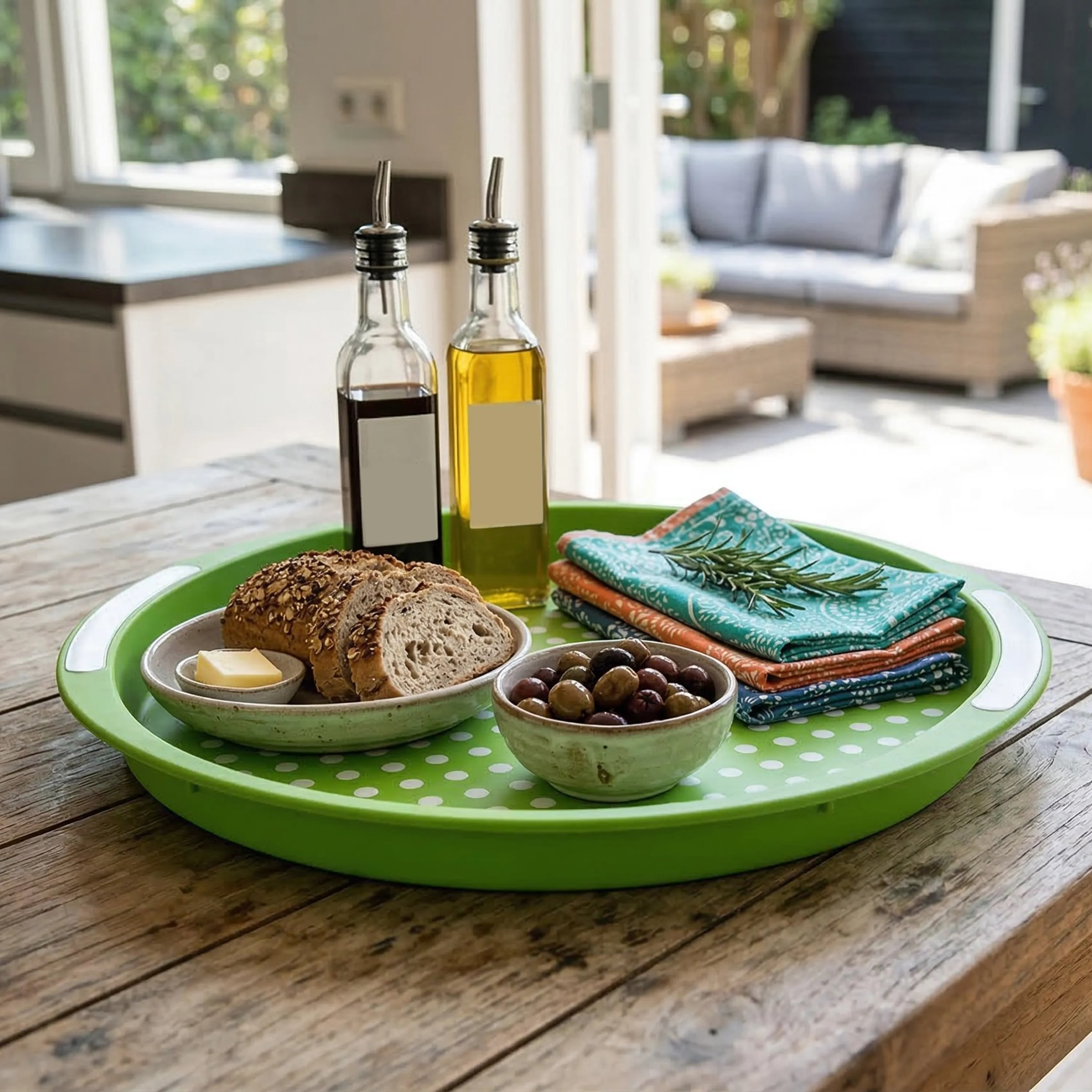 Orsina Dotra Anti Slip Round Serving Tray - Green and White