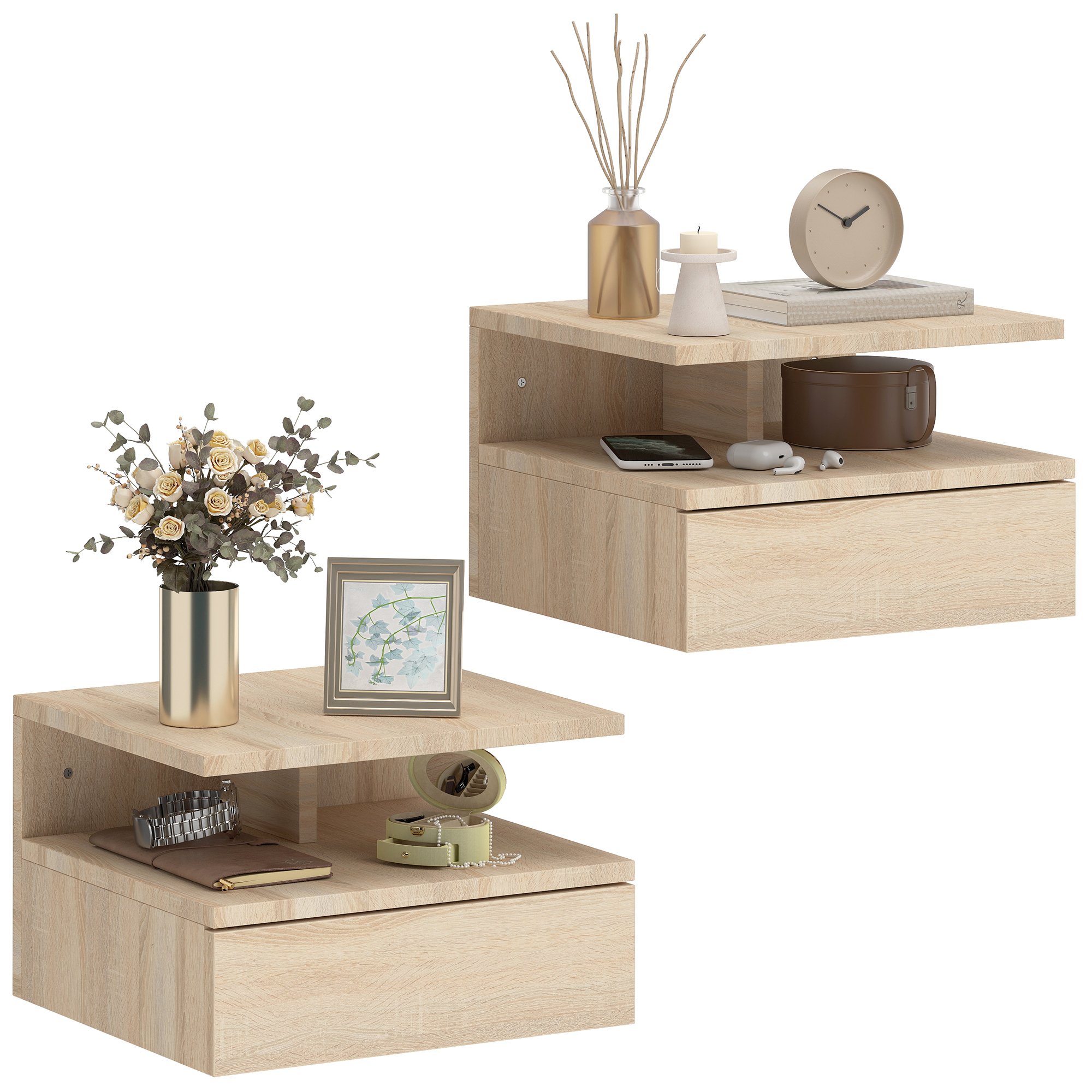 HOMCOM Set of 2 Floating Bedside Table with Storage Drawer and Shelf - Oak