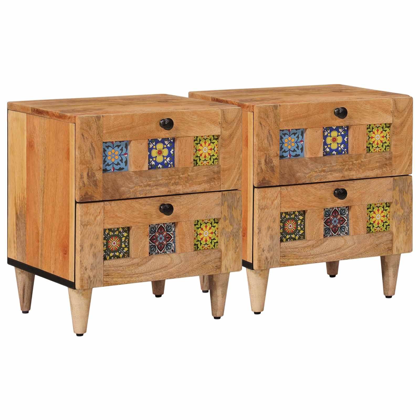Walplus Pack of 2 Solid Wood Nightstand - Natural - 40 x 33 x 46 cm