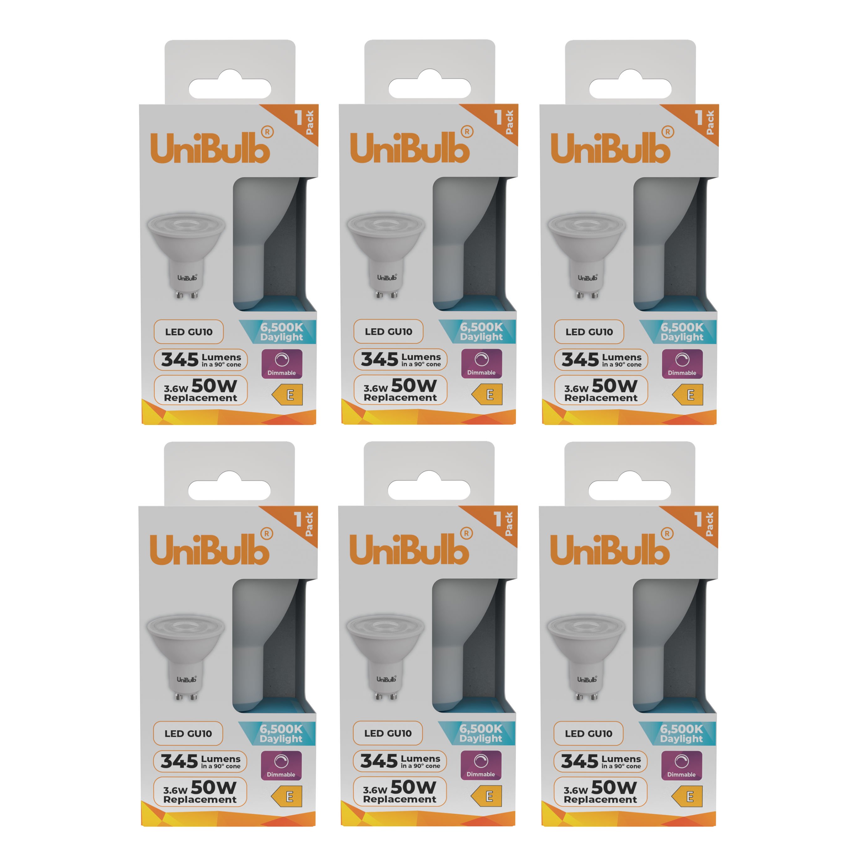 UniBulb 3.6W LED Daylight Dimmable Spotlight GU10 Light Bulb - Pack of 6