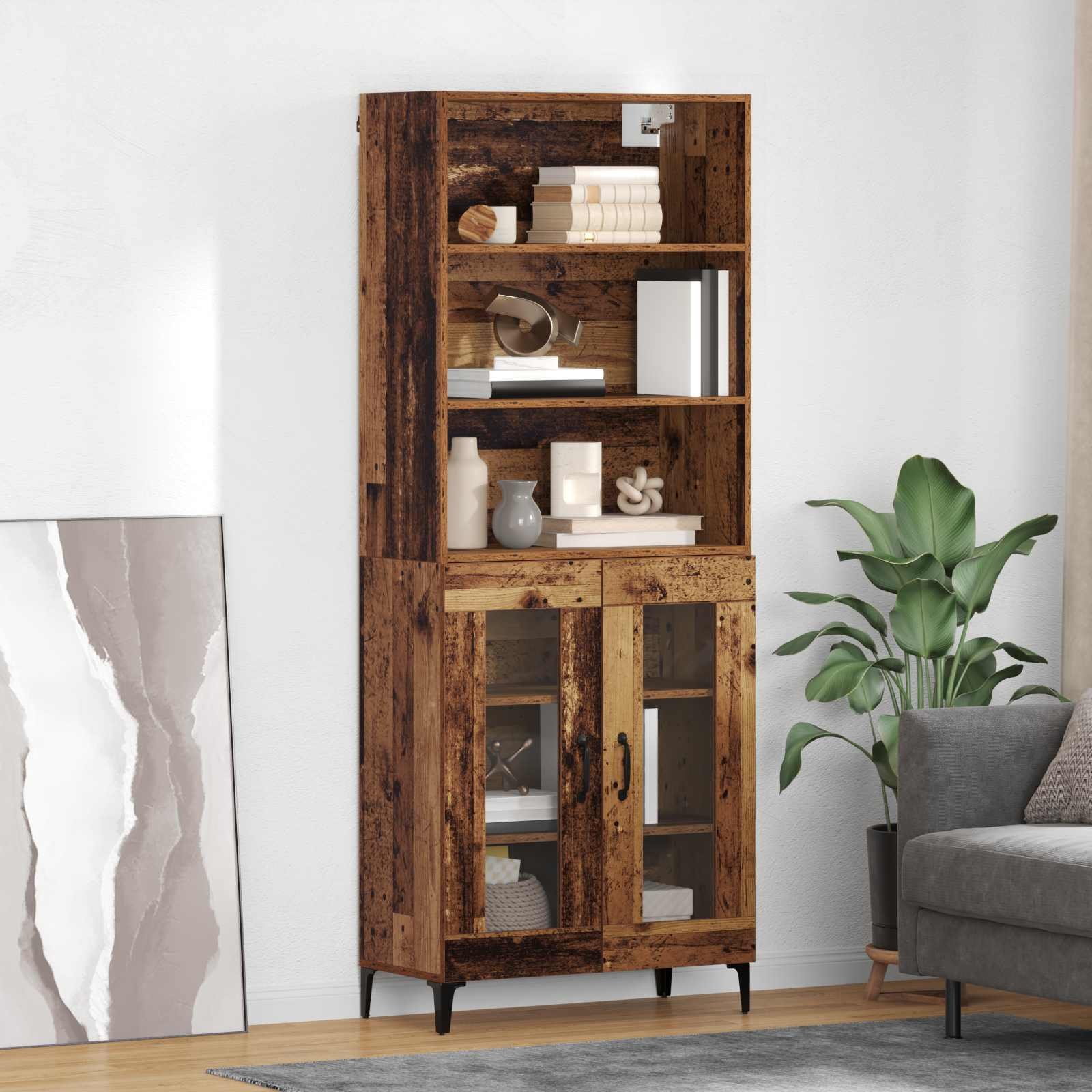 Walplus Engineered Wood 2 Door 3 Shelf Highboard - Old Wood - 69.5 x 34 x 180 cm