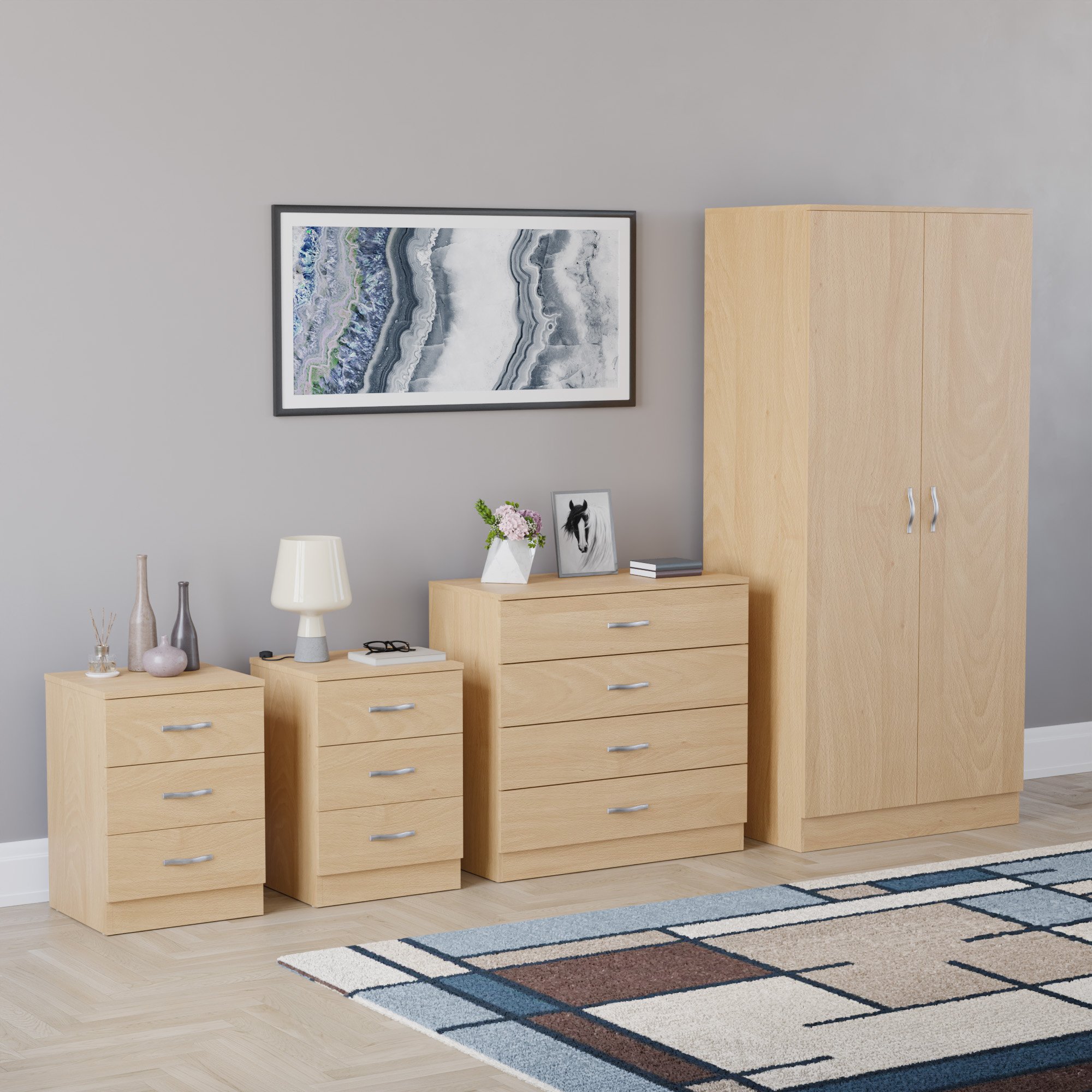 Vida Designs Riano Bedroom Set (Bedsides, 4 Drawer Chest, 2 Door Wardrobe)-Pine