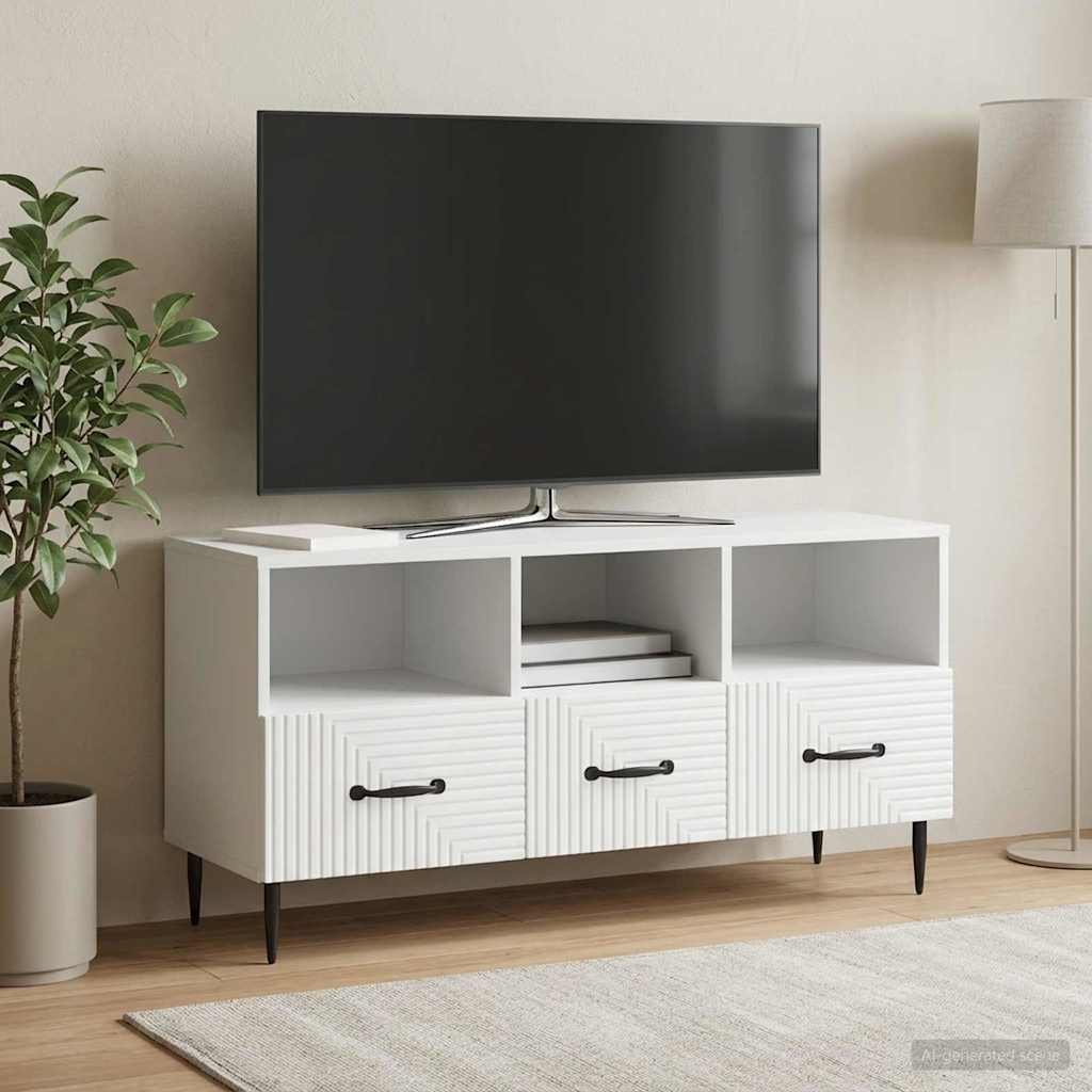 Walplus Wood TV Cabinet with Drawers Tall Unit - White - 102 x 34.5 x 50 cm
