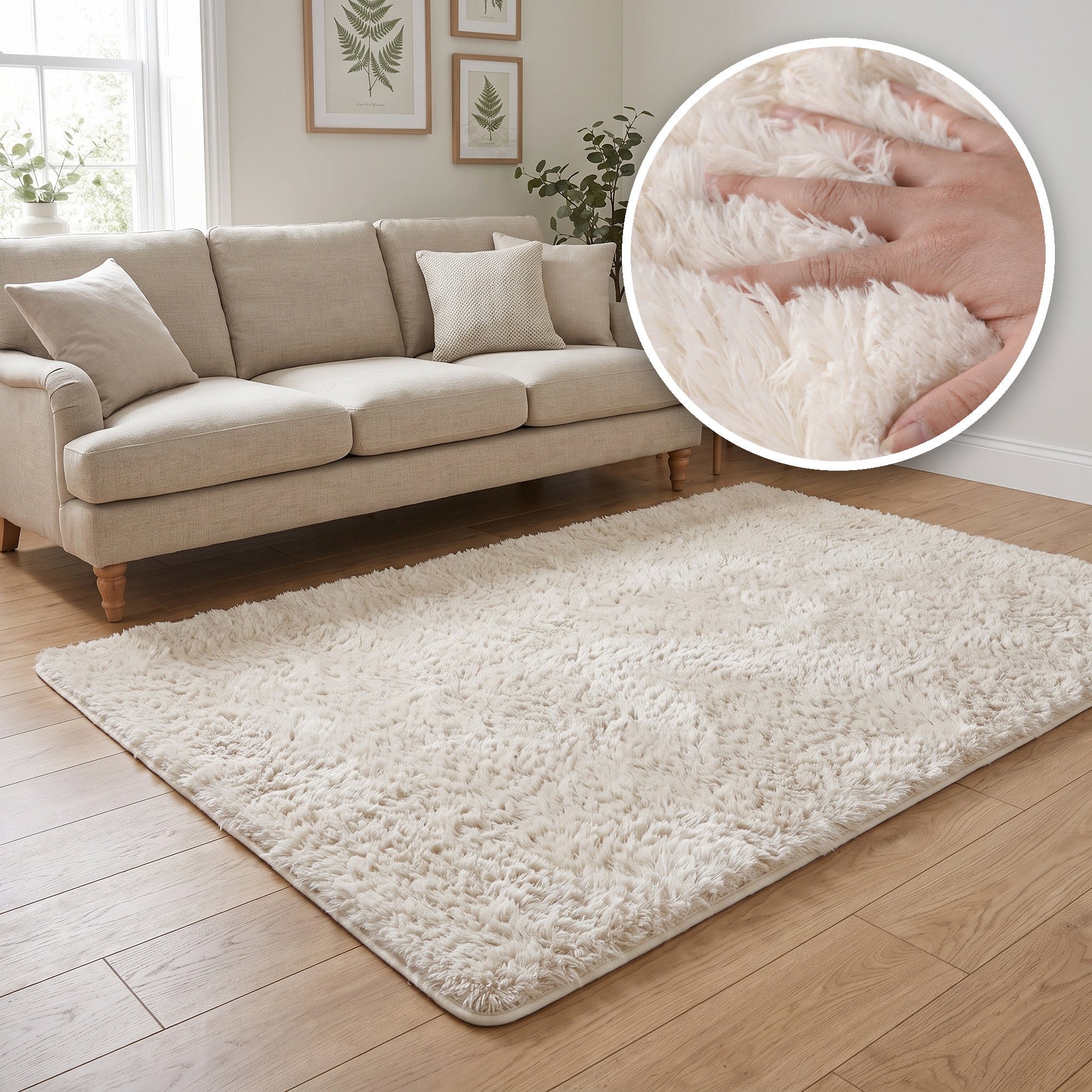 The Rugs Cream Lush Plain Washable Non Slip Shaggy Rug - 50 x 80cm