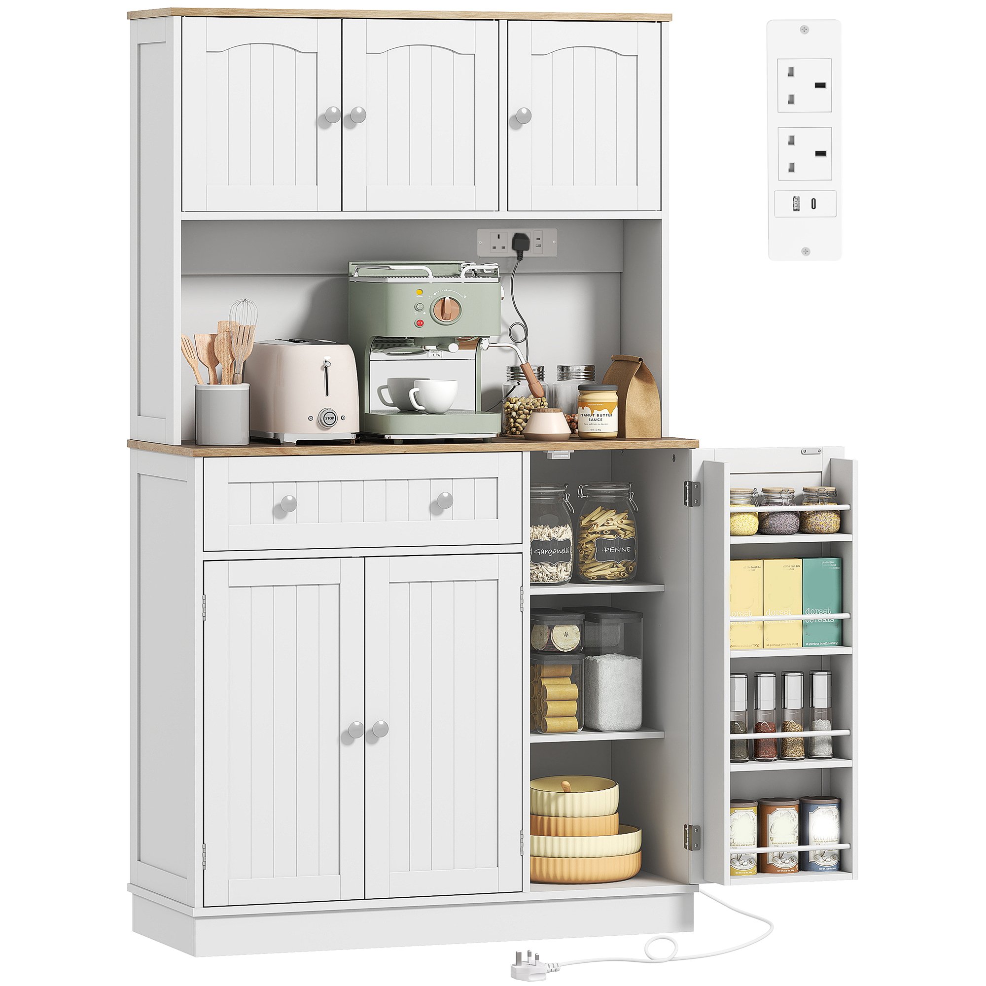 HOMCOM 173 cm Tall Kitchen Cupboard with Charging Station - White