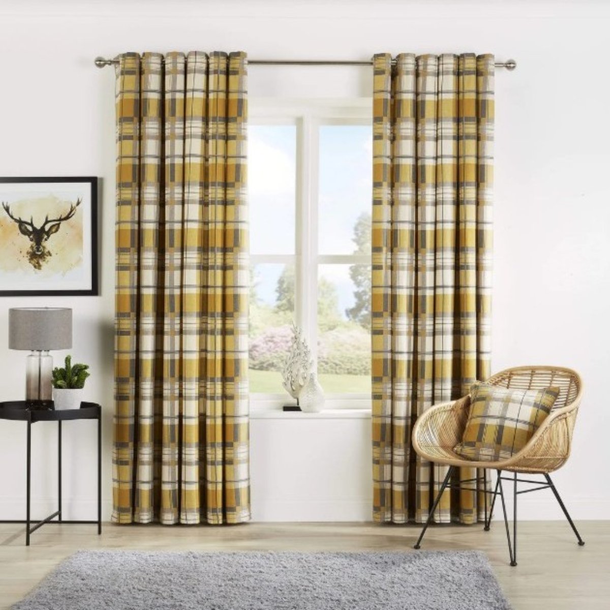New Edge Blinds Ochre Check Eyelet Curtains - 117cm x 183cm