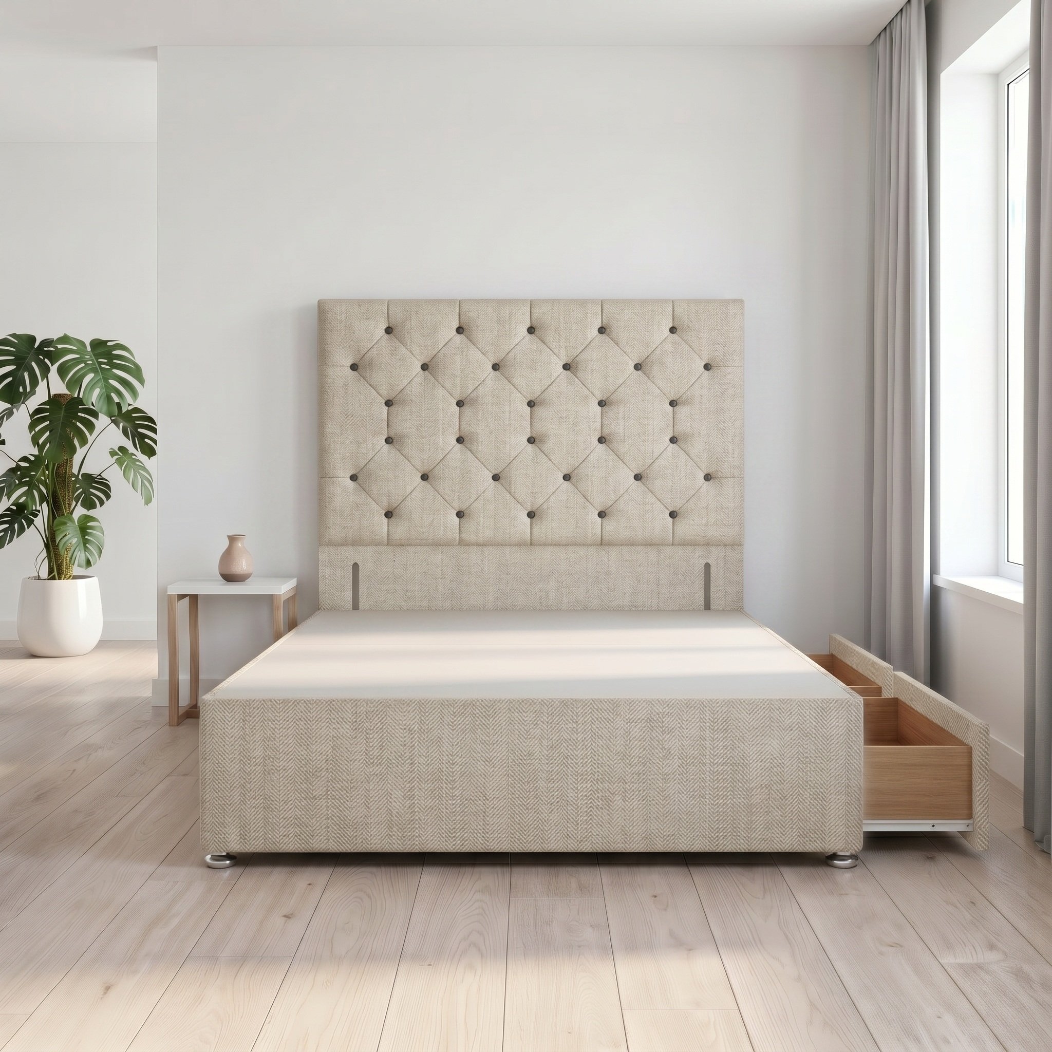 Somnior Diamante Tweed 2FT6 Small Single 2 Drawer Divan Bed Base - Natural