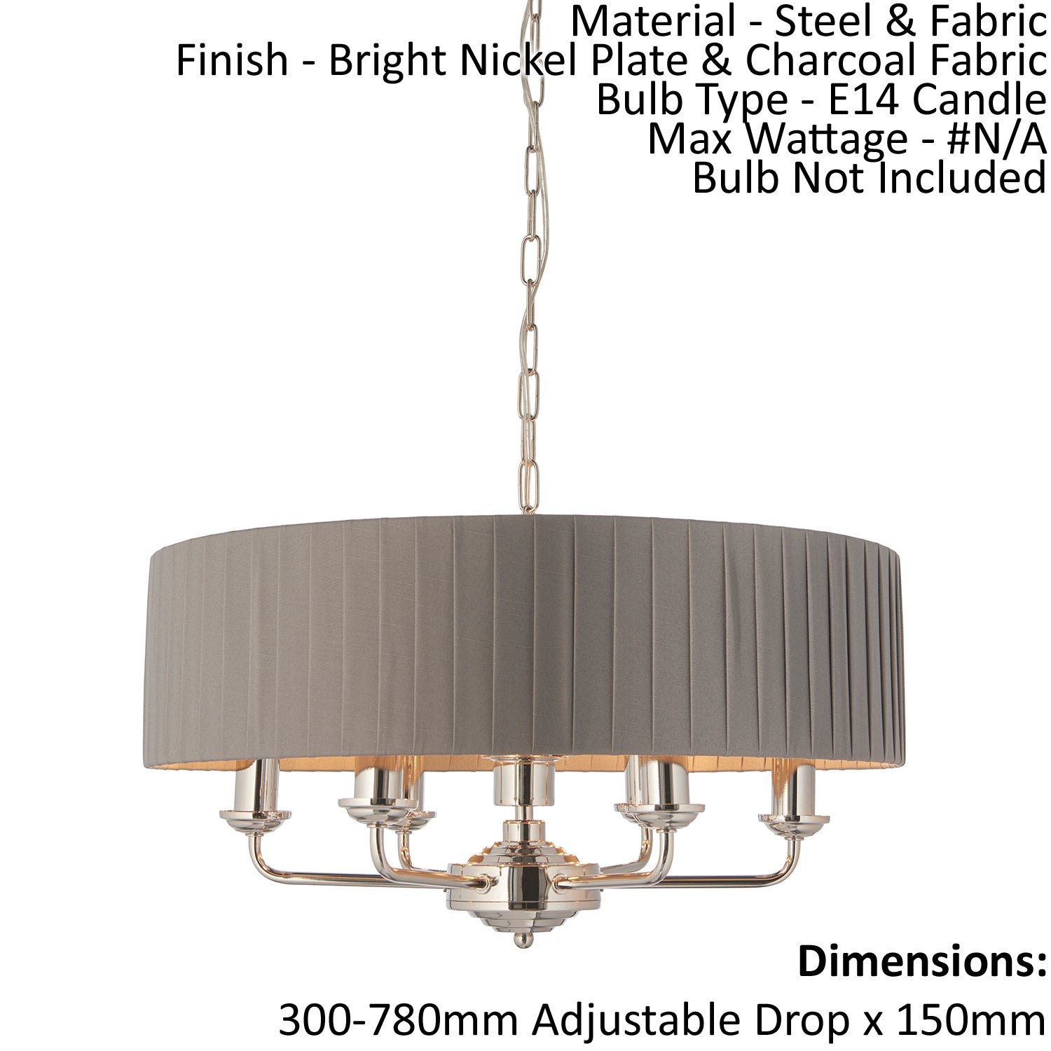 Loops Direct Steel and Fabric Ceiling Pendant Light - Bright Nickel & Charcoal