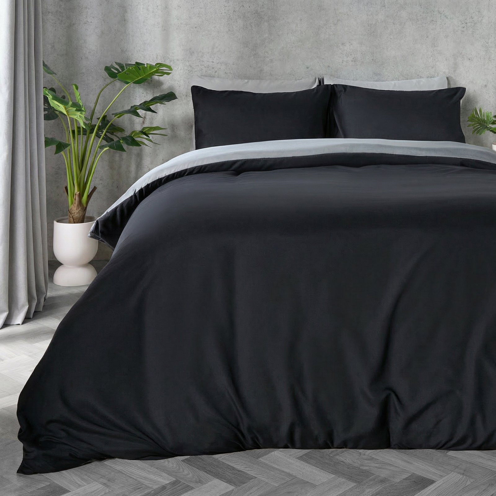 OHS Plain Dyed Reversible Duvet Cover Set Black/Grey - Double