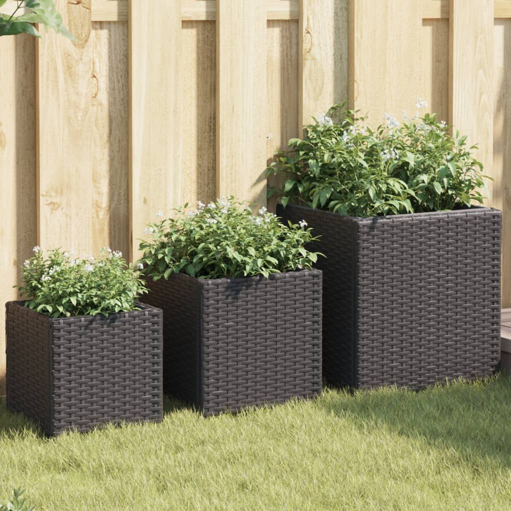 Walplus Pack of 3 Poly Rattan Garden Planter - Black - 40 x 40 x 40 cm