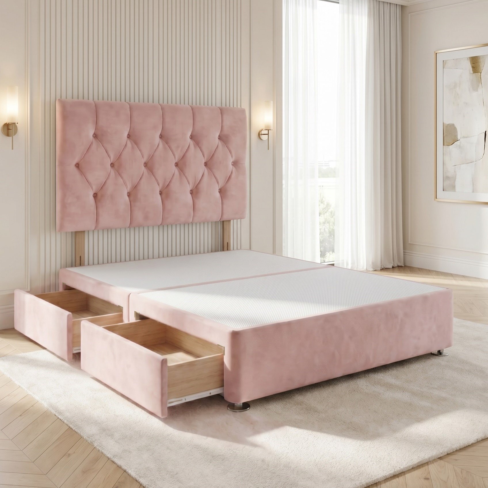 Somnior Chester Velvet Small Single 2 Drawer Divan Bed with Headboard - Pink