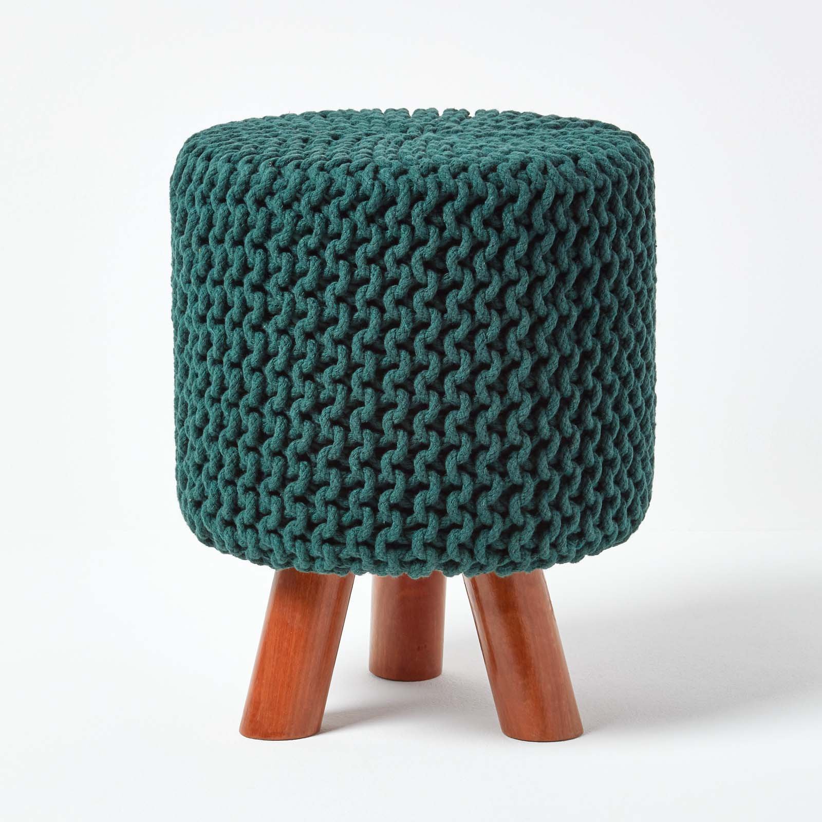 Homescapes Tall Cotton Knitted Footstool with Legs – Forest Green