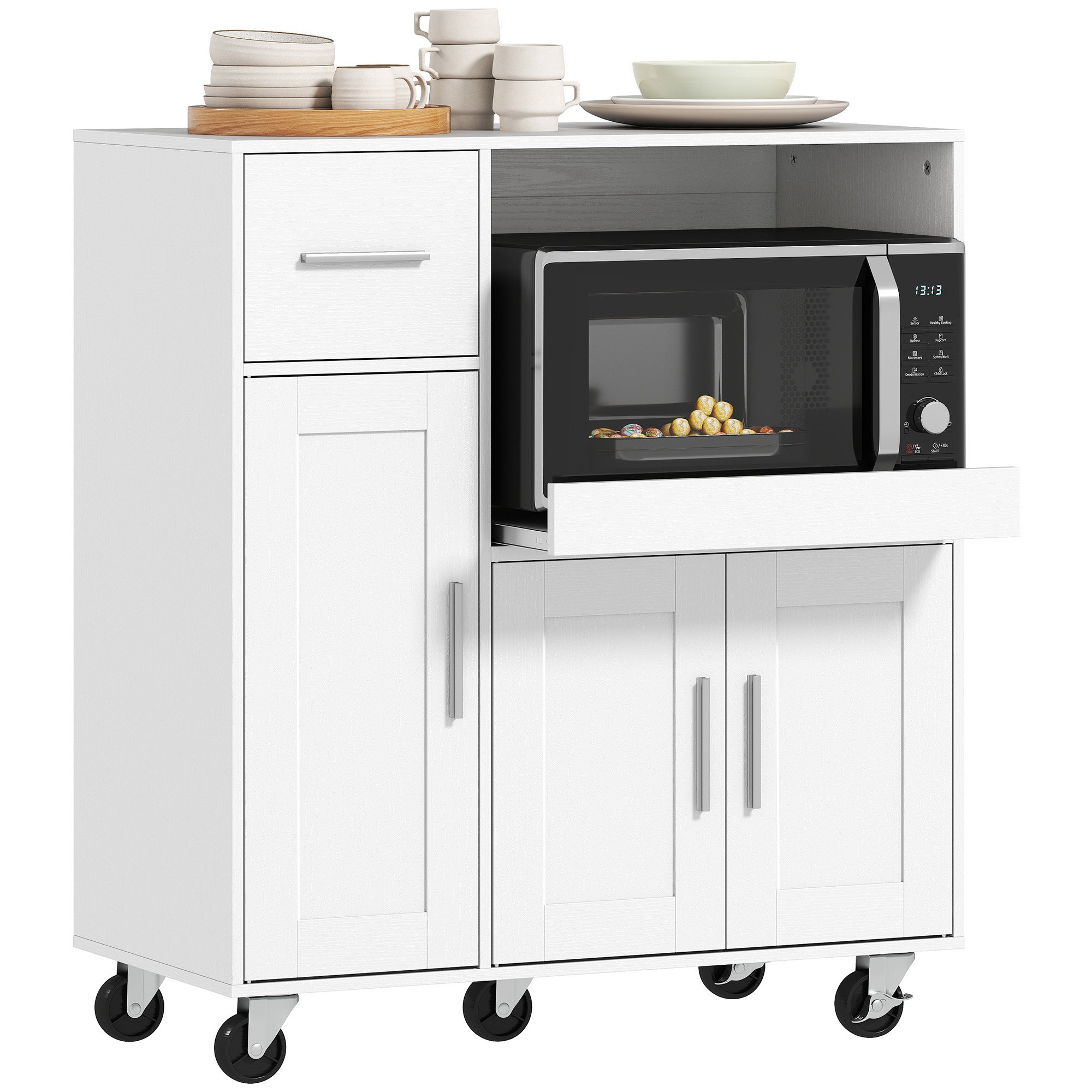 HOMCOM 3 Door Adjustable Shelf Kitchen Cart – White