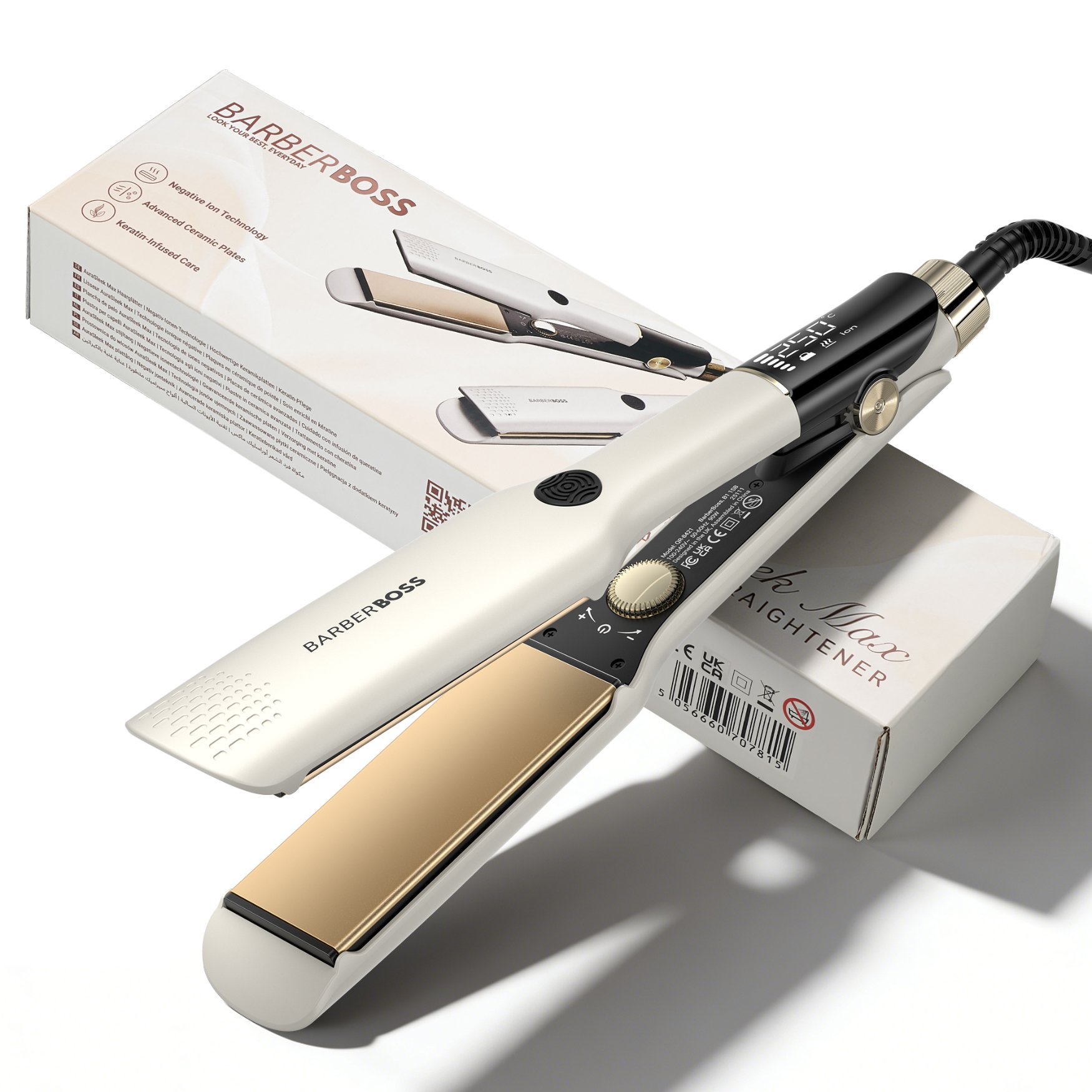 BarberBoss AuraSleek Wide Plate Ceramic Hair Straightener - White