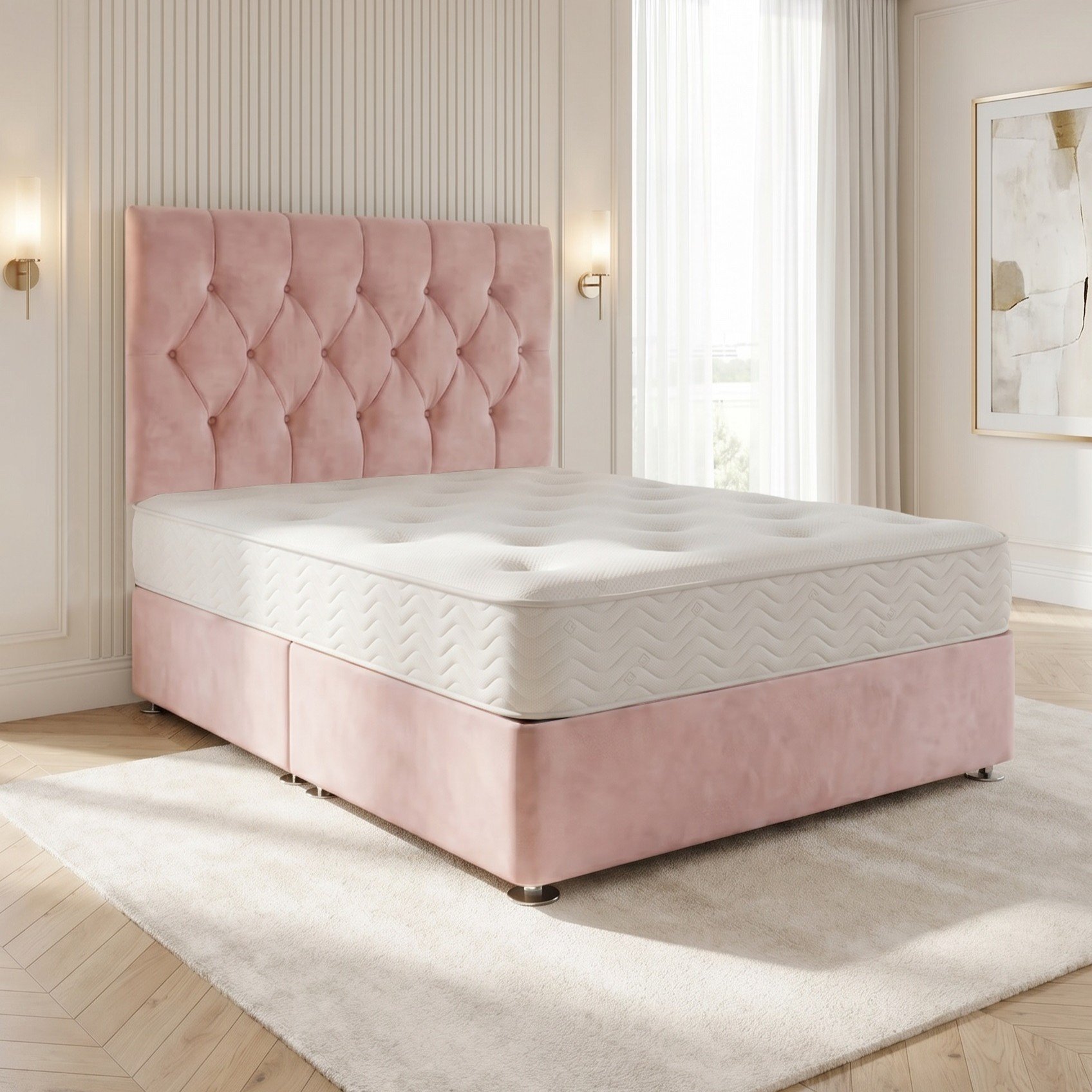 Somnior Chester Velvet Small Single Open Coil Divan Bed Set - Pink