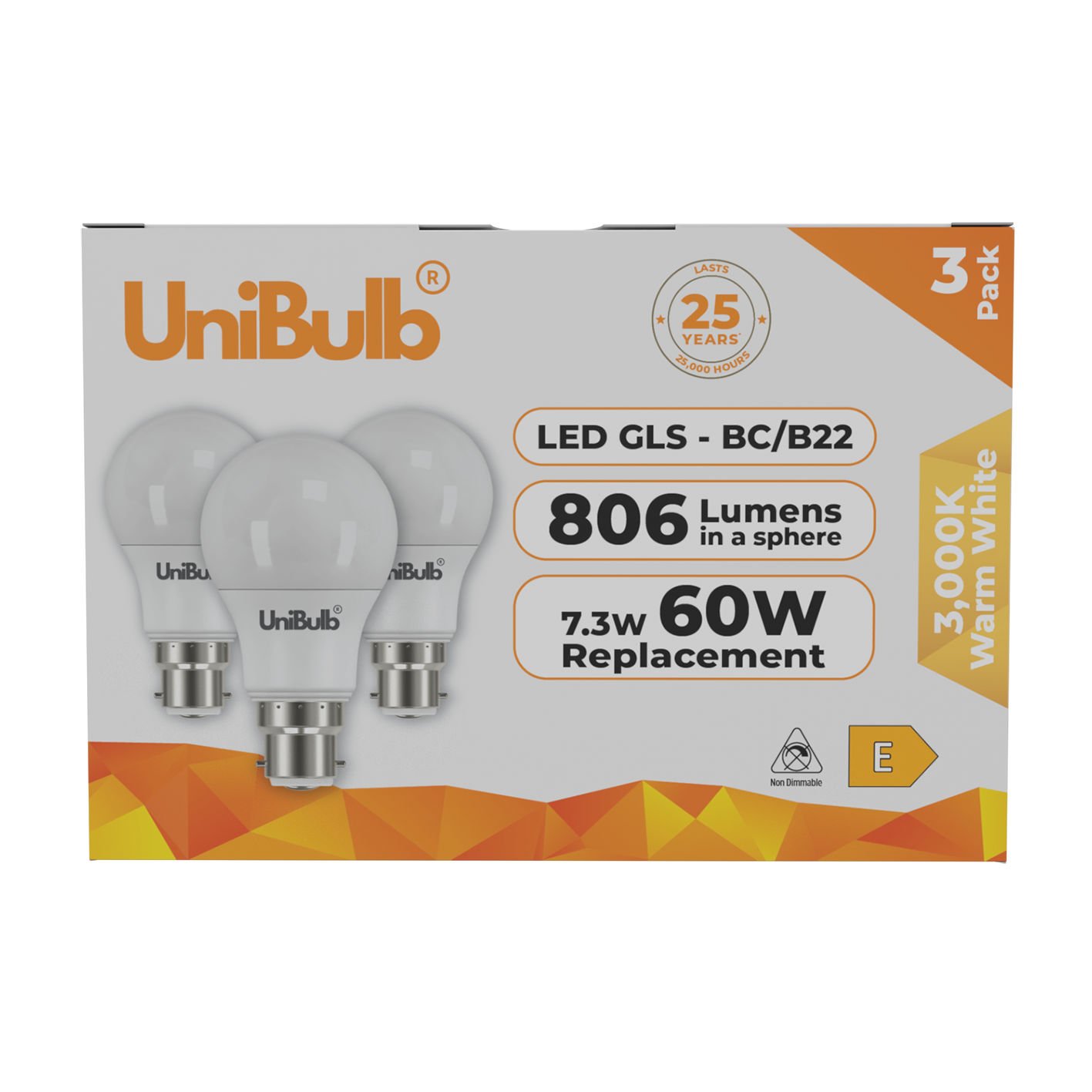 UniBulb 7.3W LED Warm White GLS B22 Light Bulb - 3 Pack