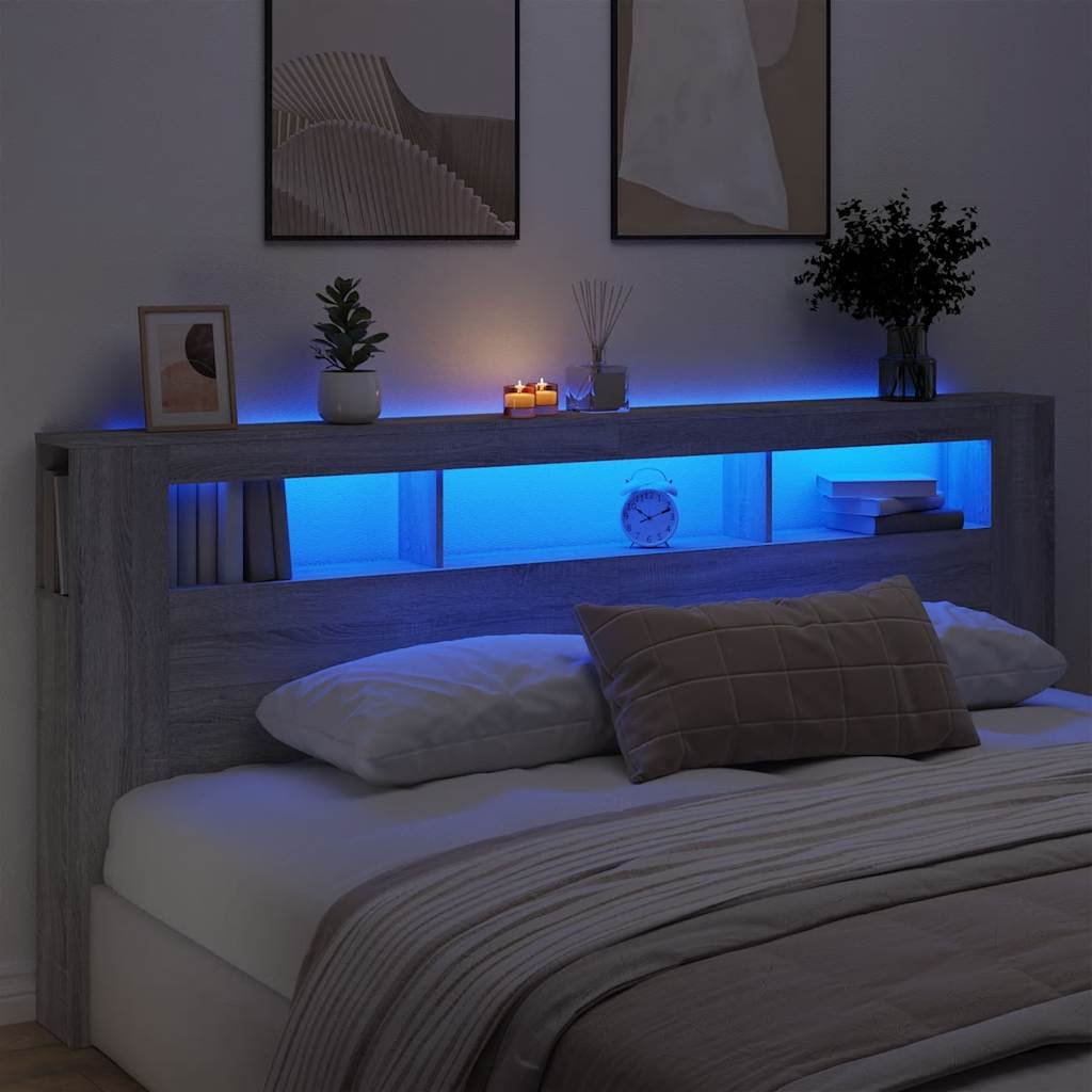 Walplus Engineered Wood LED Headboard - Grey and Oak - 220 x 18.5 x 103.5 cm
