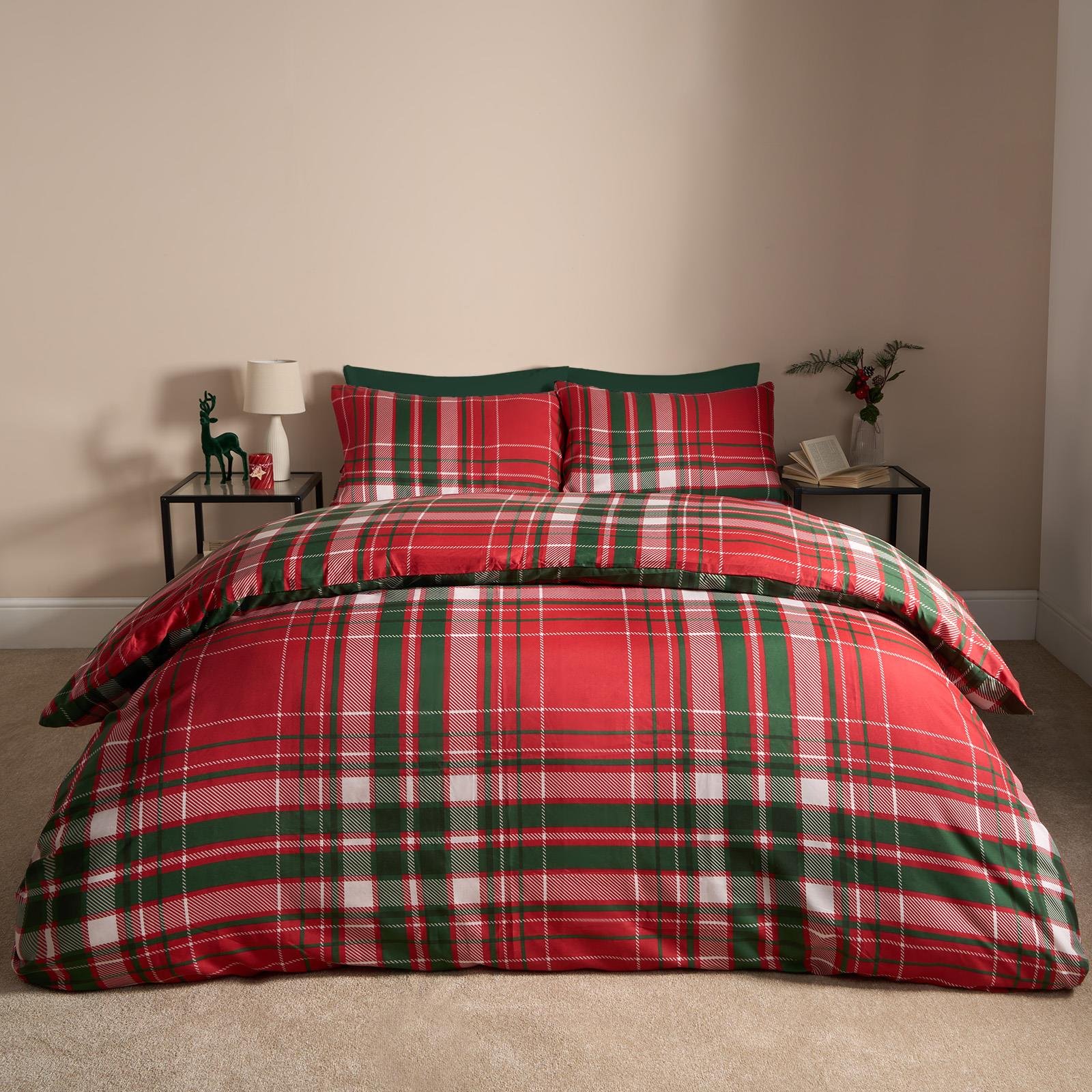 OHS Xmas Check Reversible Duvet Cover Set Red - Double