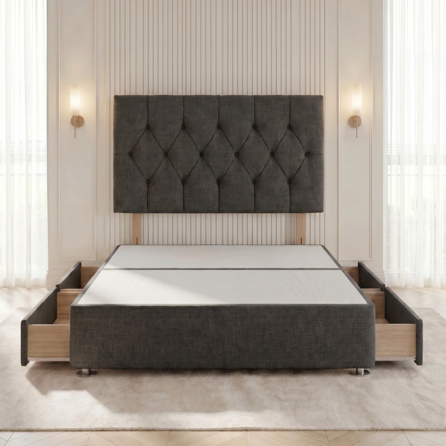 Somnior Chester Linen King 4 Drawer Divan Bed with Headboard - Charcoal