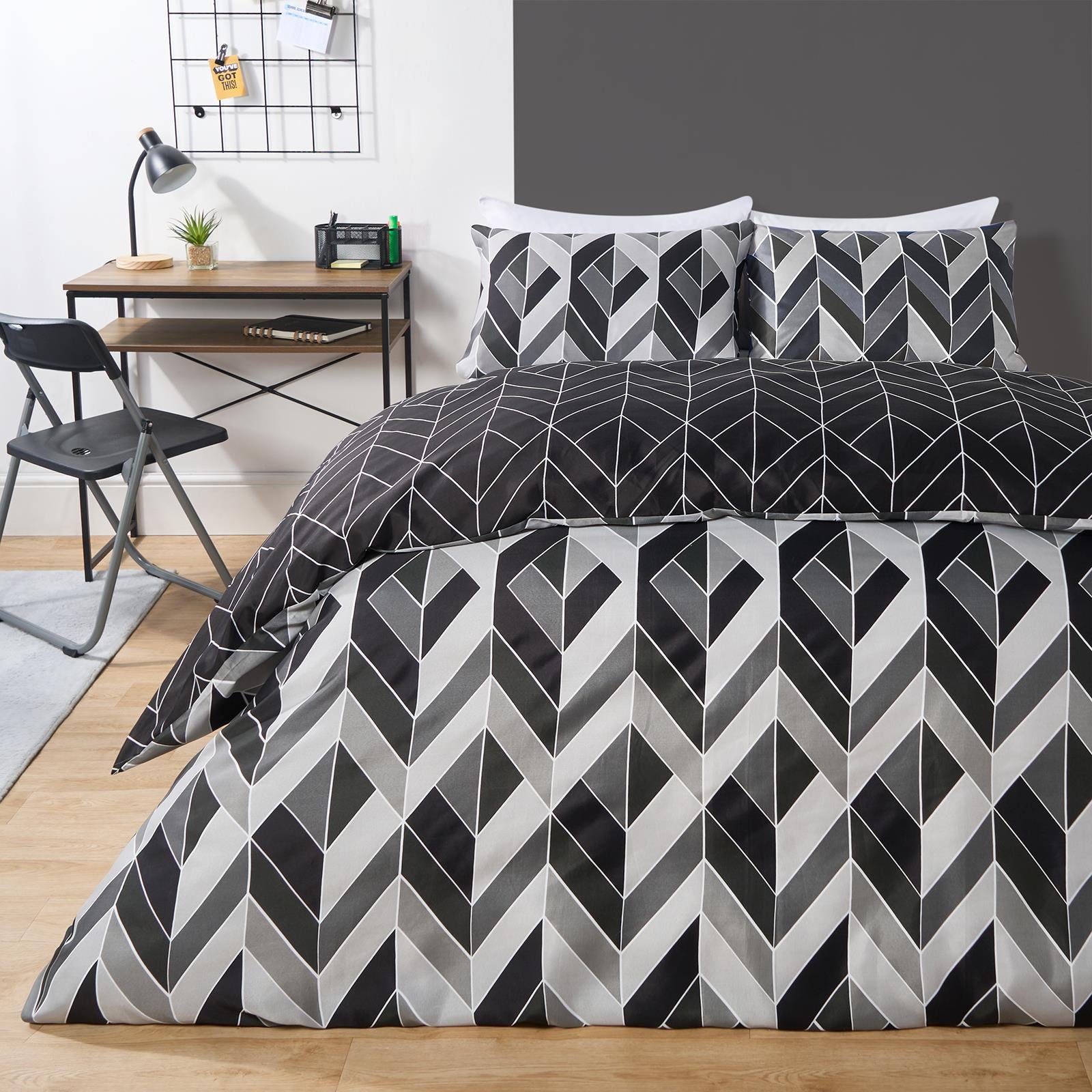 OHS Abstract Chevron Reversible Duvet Cover Bedding Set Grey - Double