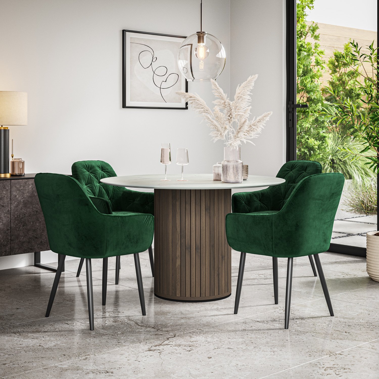 Furniture Online Arlo Anika Marble Top w Wal Legs Dining Table & 4 Green Chairs