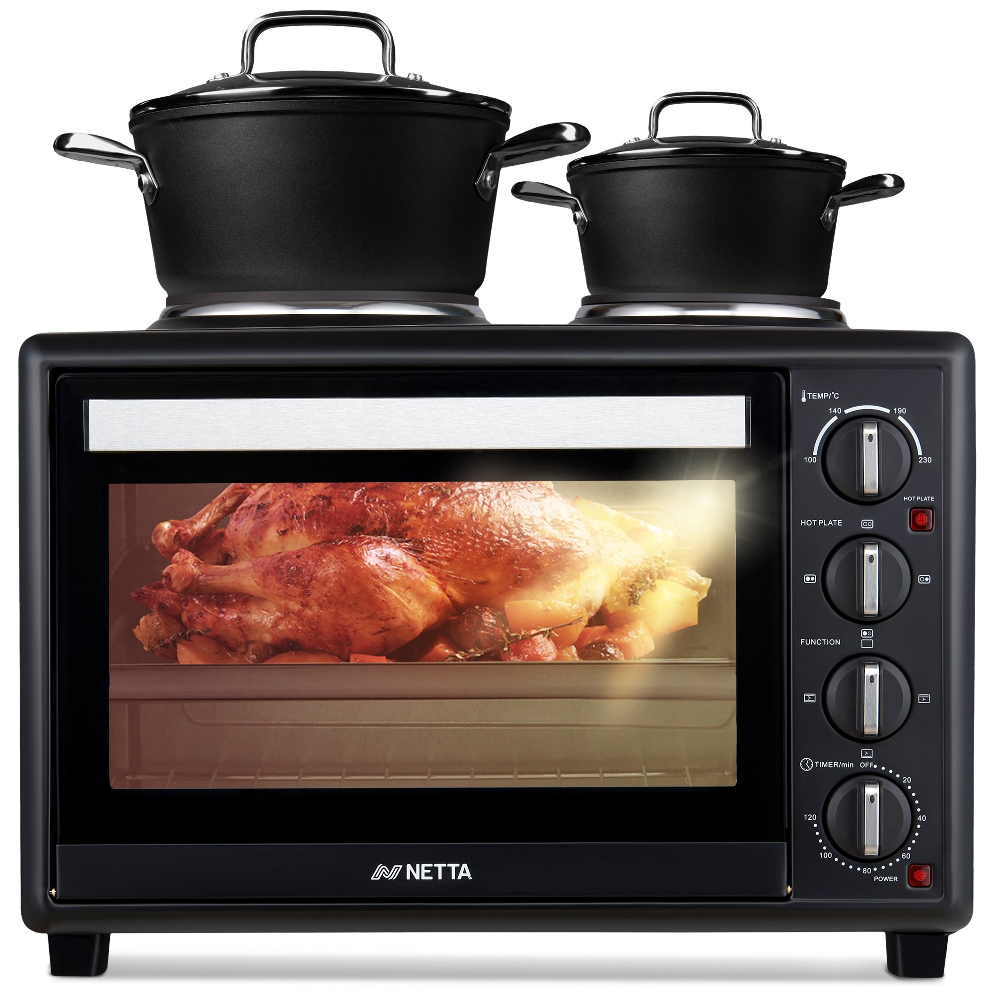 NETTA 35L Mini Oven with Double Hotplates, Grill & 120-Minute Timer