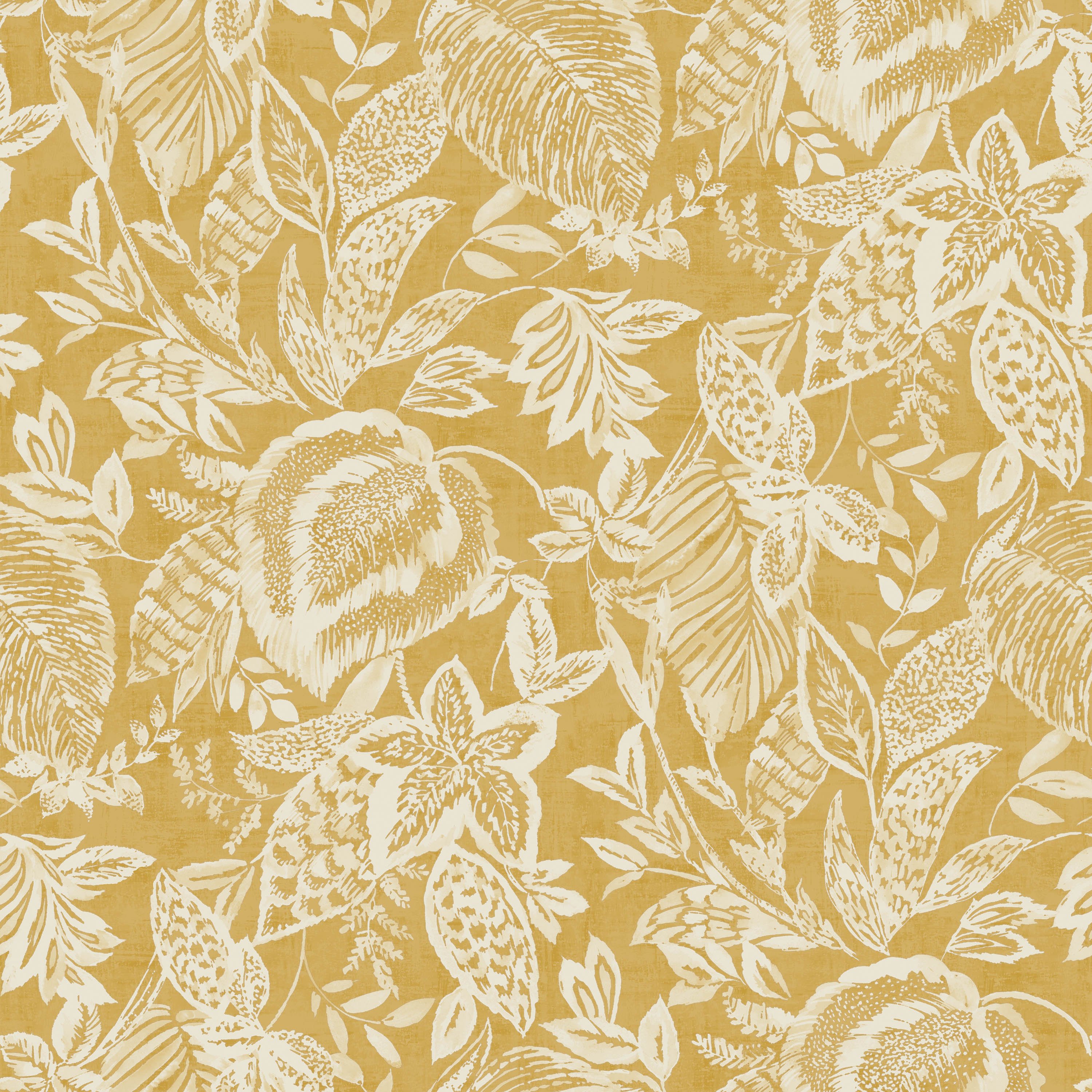 Grandeco Mae Painted Jungle Leaves Linen Textured Wallpaper - Ochre