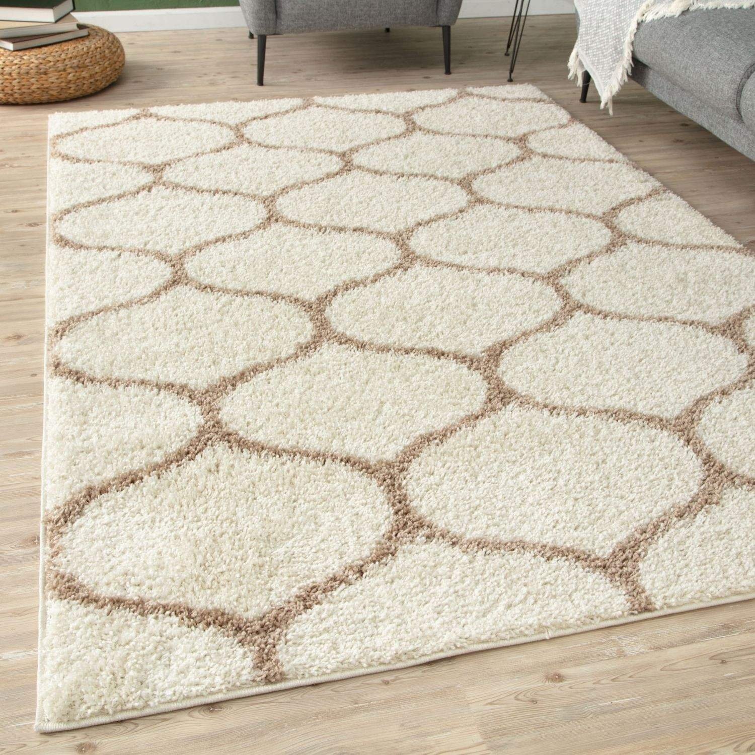 The Rugs  Cream and Beige Moroccan Shaggy Trellis Rug - 160 x 230cm