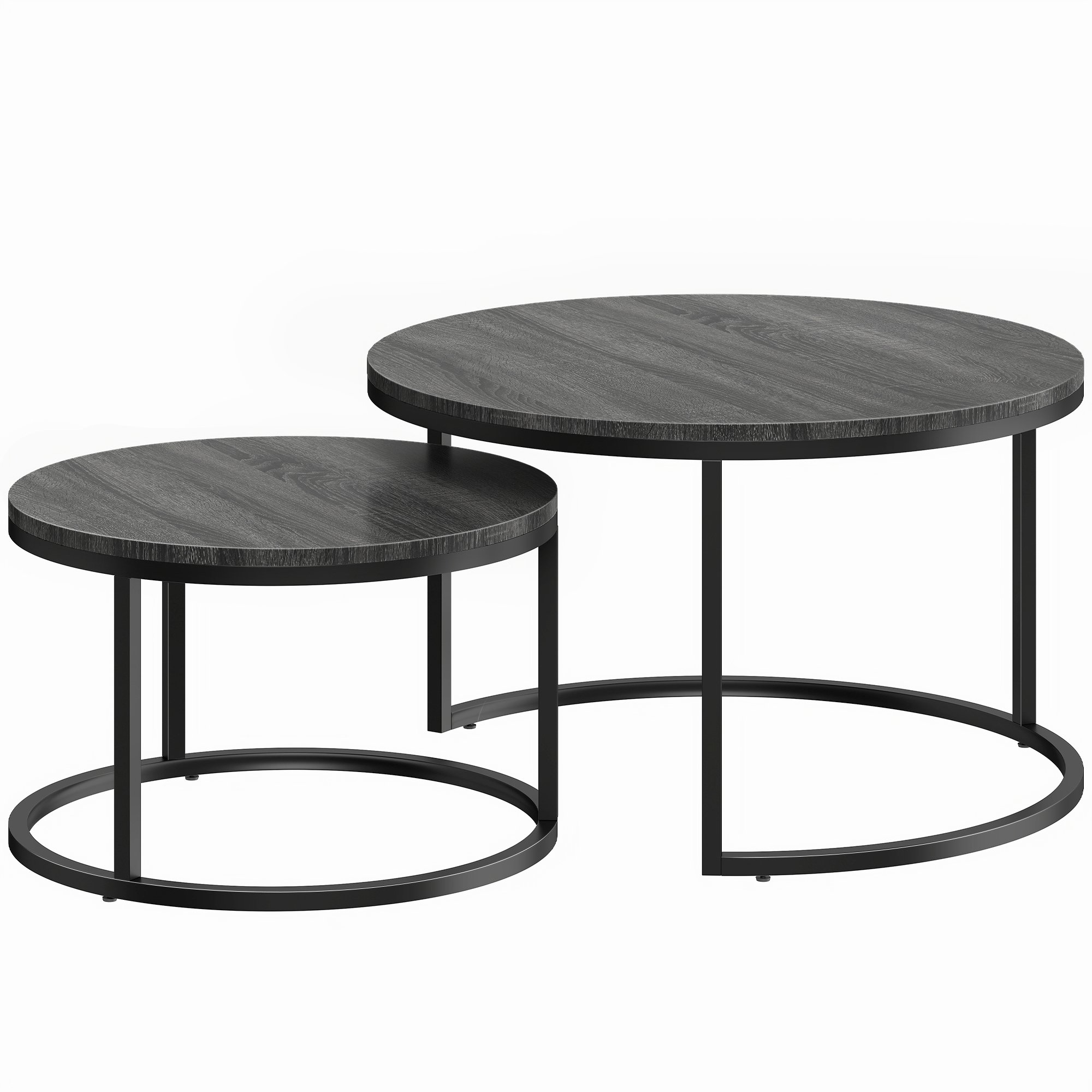 HOMCOM Round Coffee Table Set of 2 with Steel Frame - Black Wood Grain