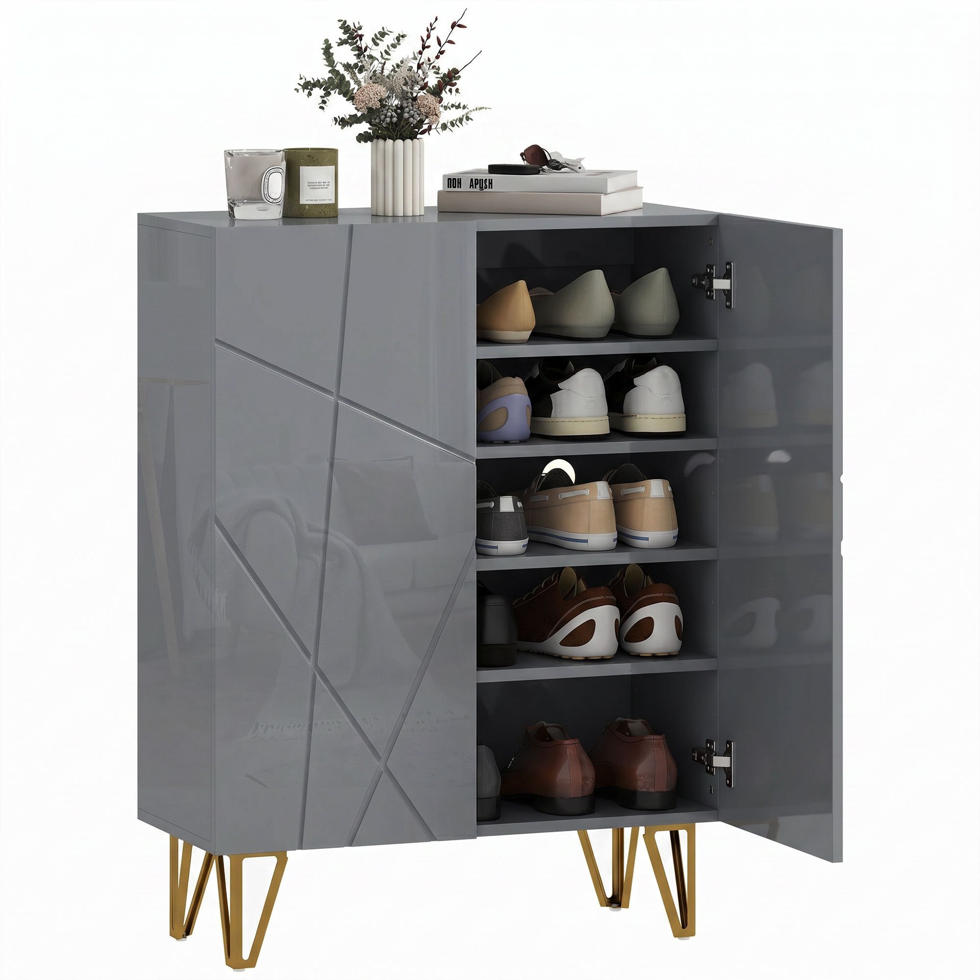 HOMCOM Soft Close Hinges Slim Shoe Storage Cabinet - Grey