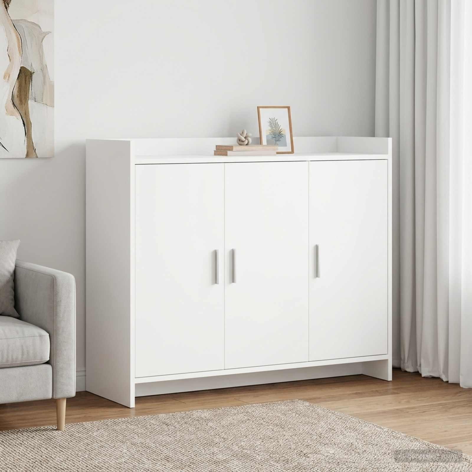 Walplus 3 Door Rectangular Engineered Wood Sideboard - White - 98.5 x 33 x 80 cm
