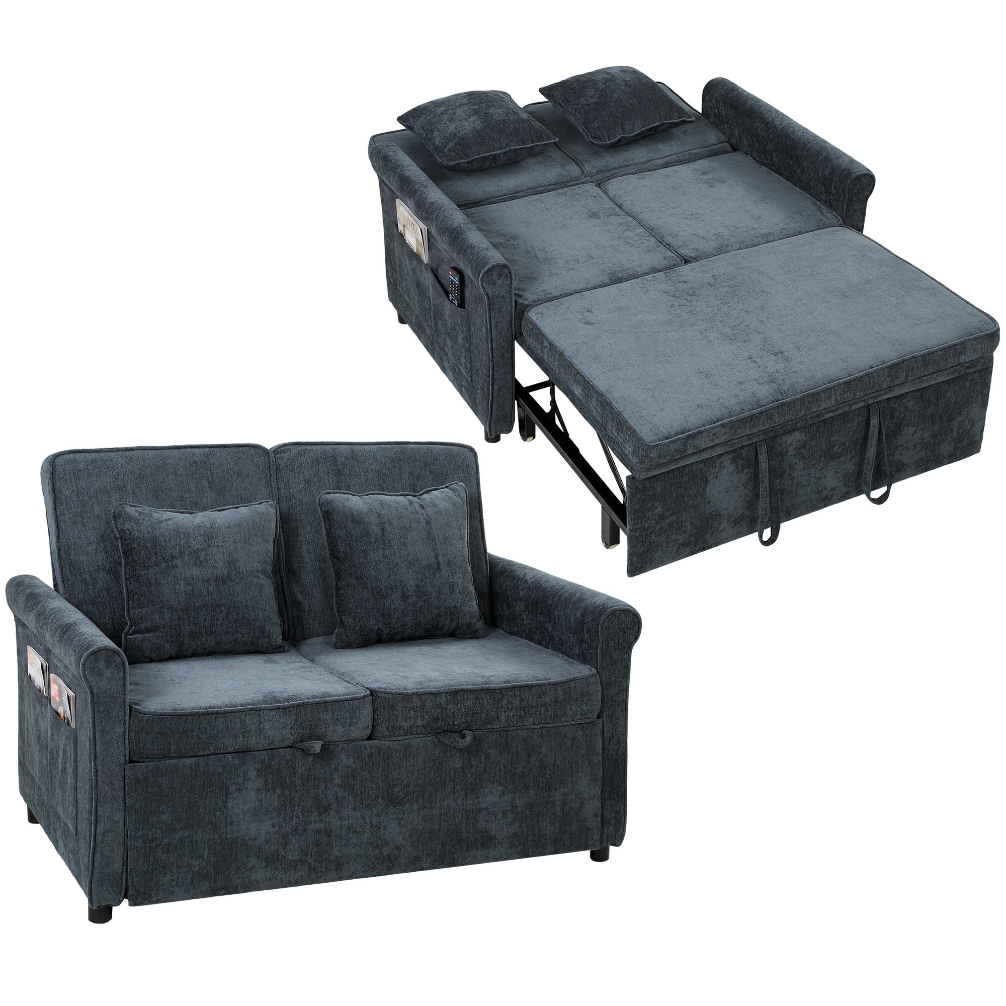HOMCOM 3-in-1 Convertible Pull Out Double Sleeper Sofa - Dark Blue