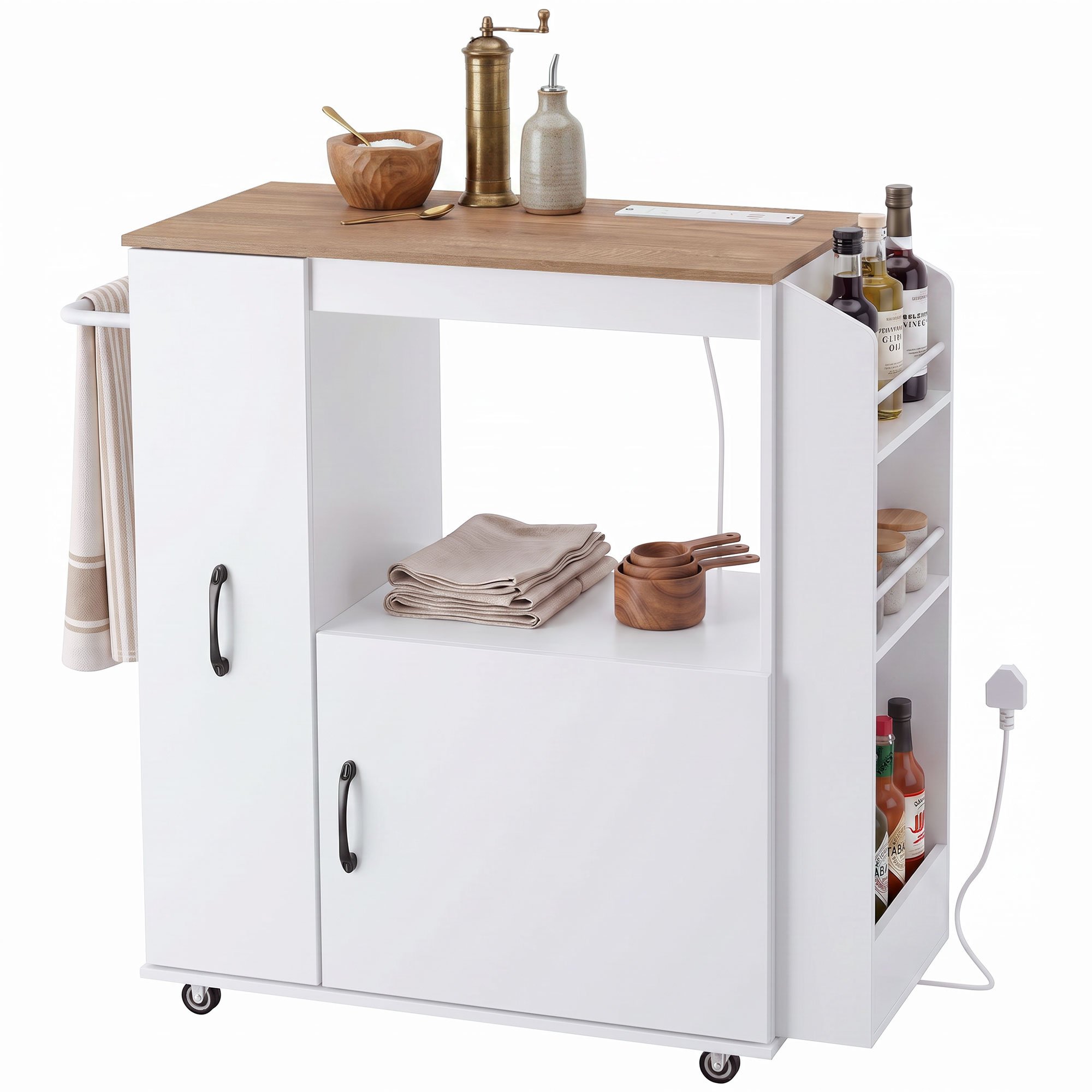HOMCOM Kitchen Trolley with Power Outlet and Cabinet - White
