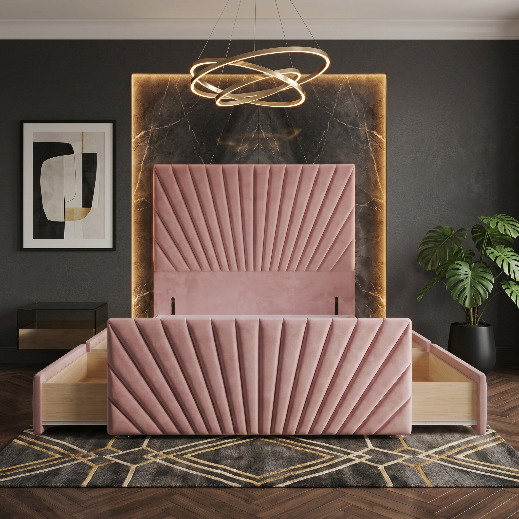 Somnior Velvet Small Double 4 Drawer Divan Bed with Footboard & Headboard - Pink