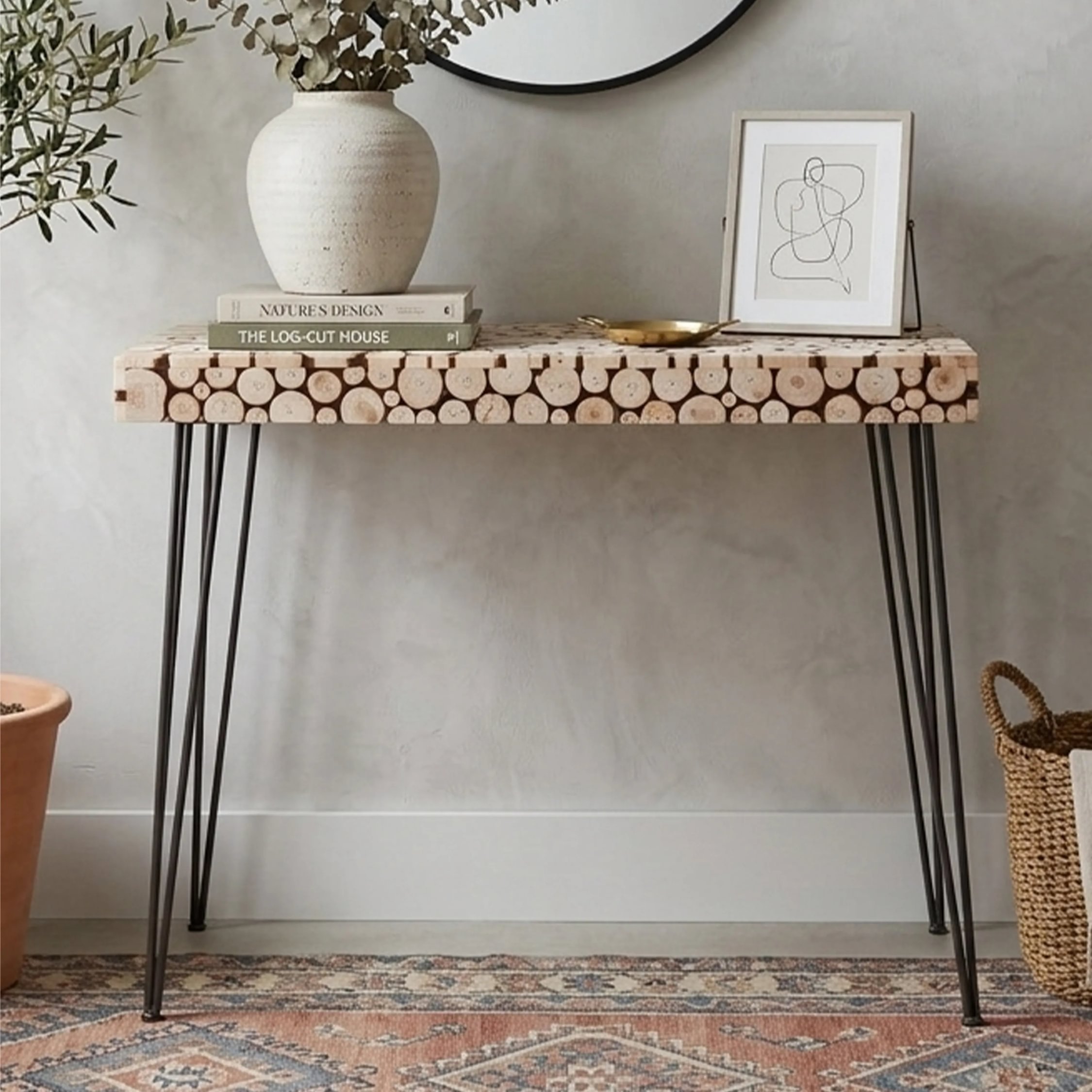 Orsina Lacuna Fir Wood Disc Mosaic Console Table – Two Tone