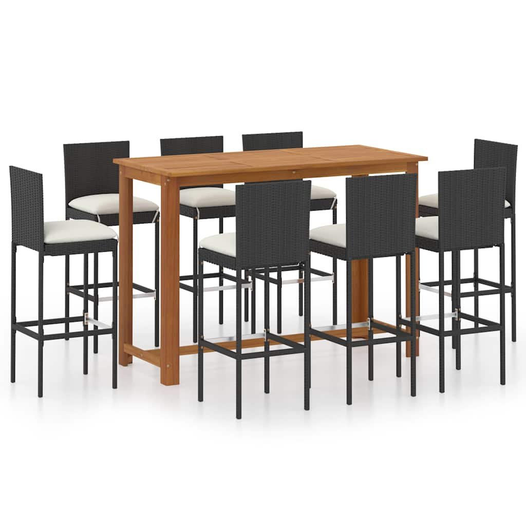 Walplus 9 Piece Poly Rattan Garden Bar Set - Black - 150 x 70 x 105 cm