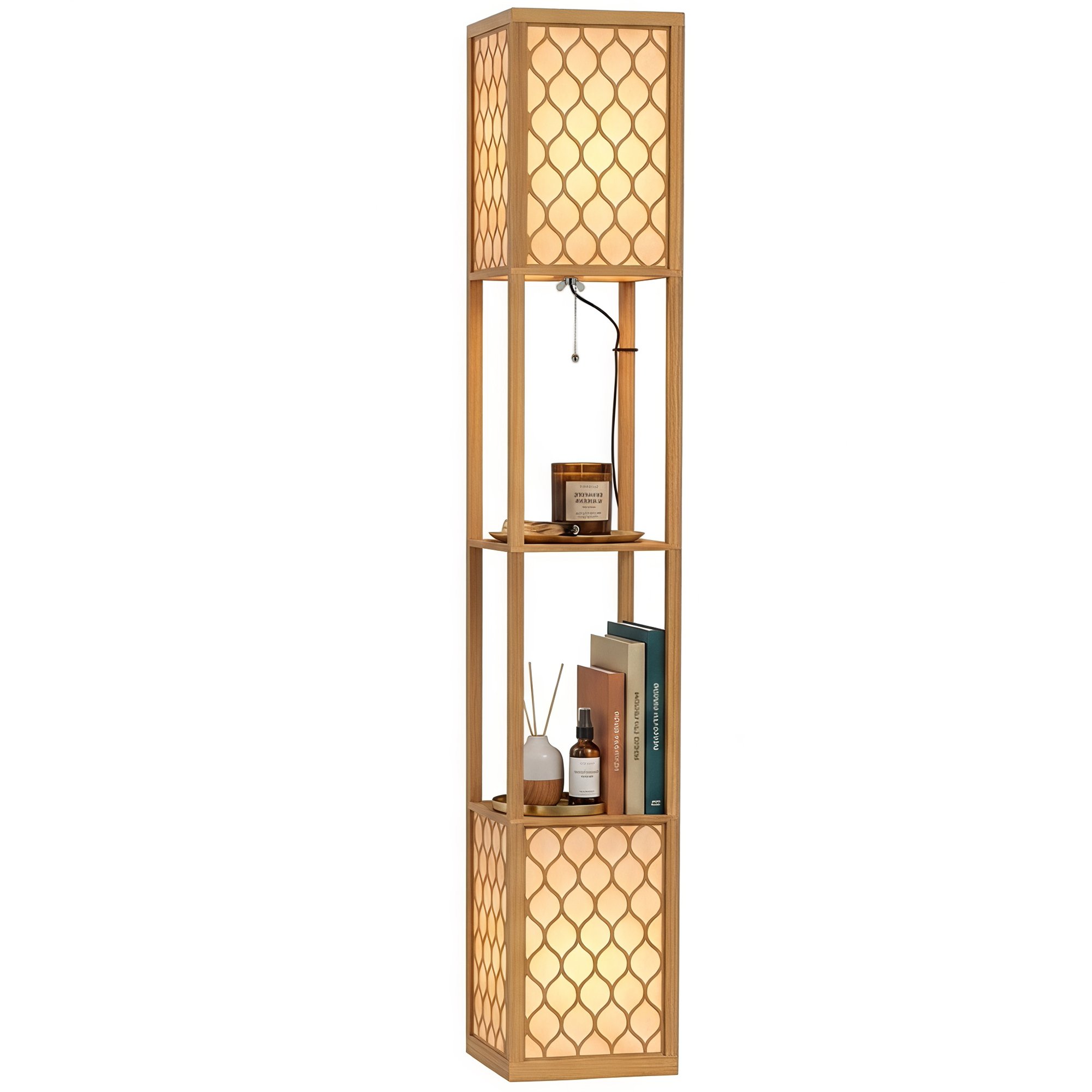 HOMCOM Fabric Floor Lamp with Shelves and Zipper Switch - Natural Wood Finish