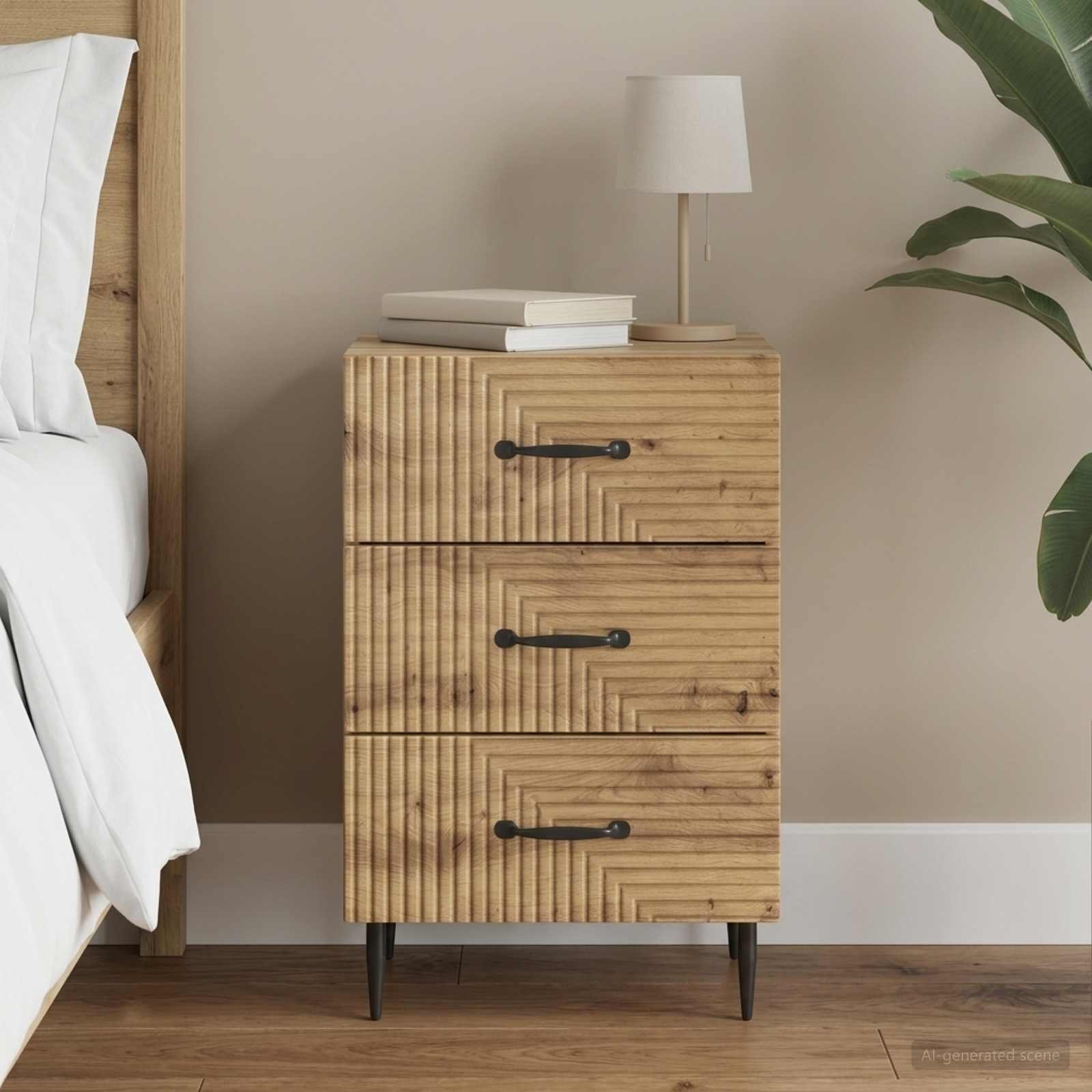 Walplus 3 Drawer Bedside Cabinet Metal Legs - Oak - 43 x 41 x 66.5 cm