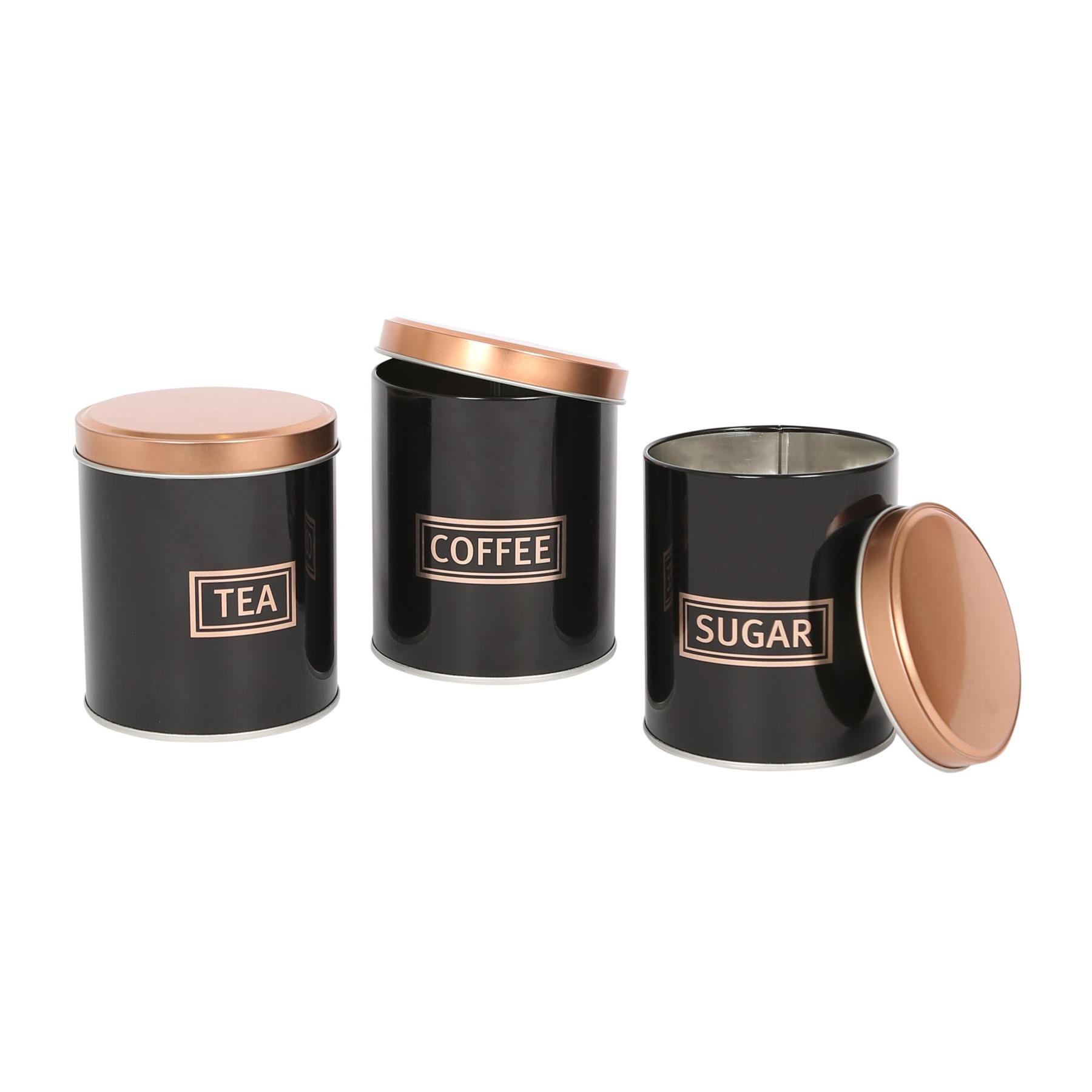 Harbour Housewares 3pc Round Metal Tea Coffee Sugar Canister Set - Black/Copper