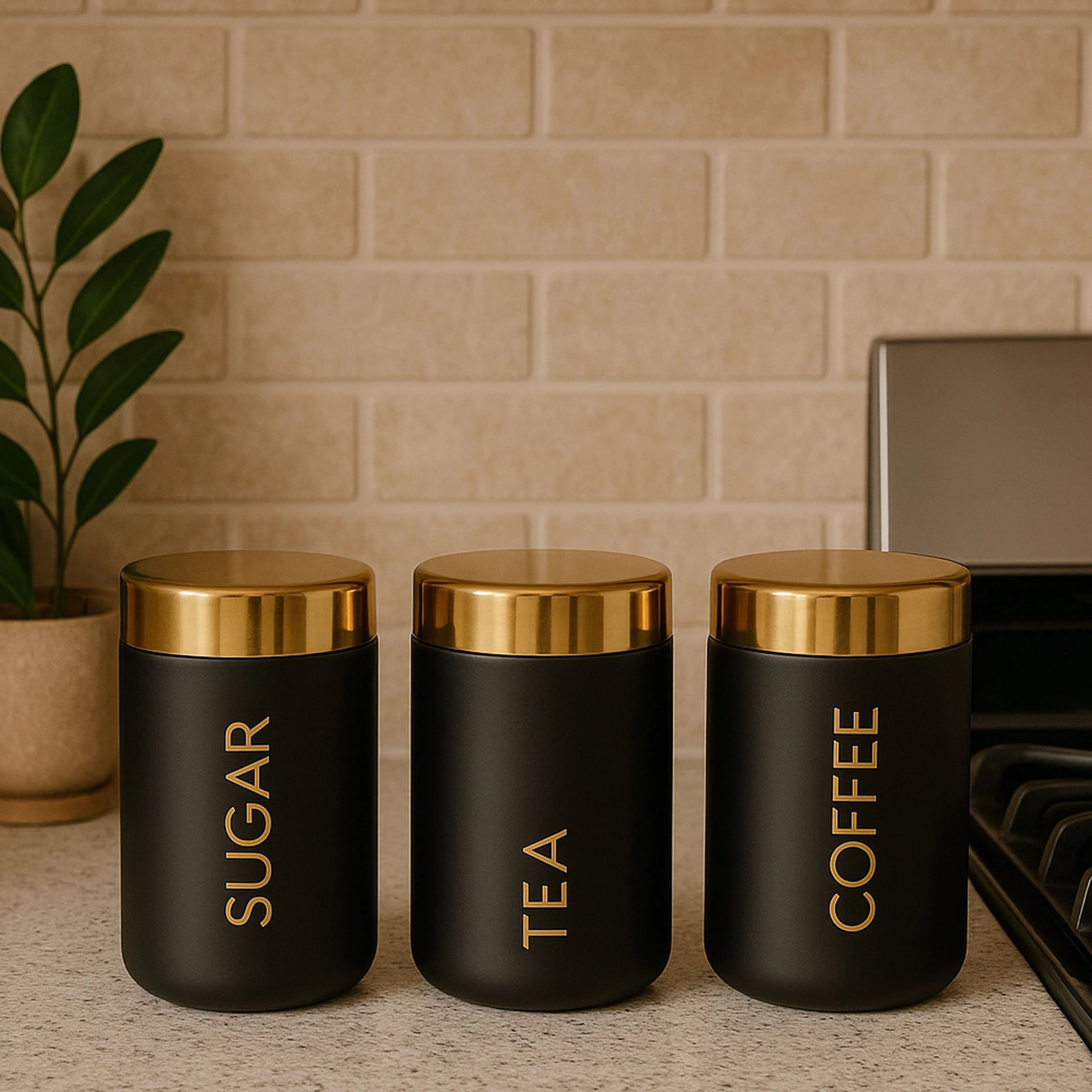 Orsina Liberty Set Of 3 Enamel Tea Coffee And Sugar Canisters – Black
