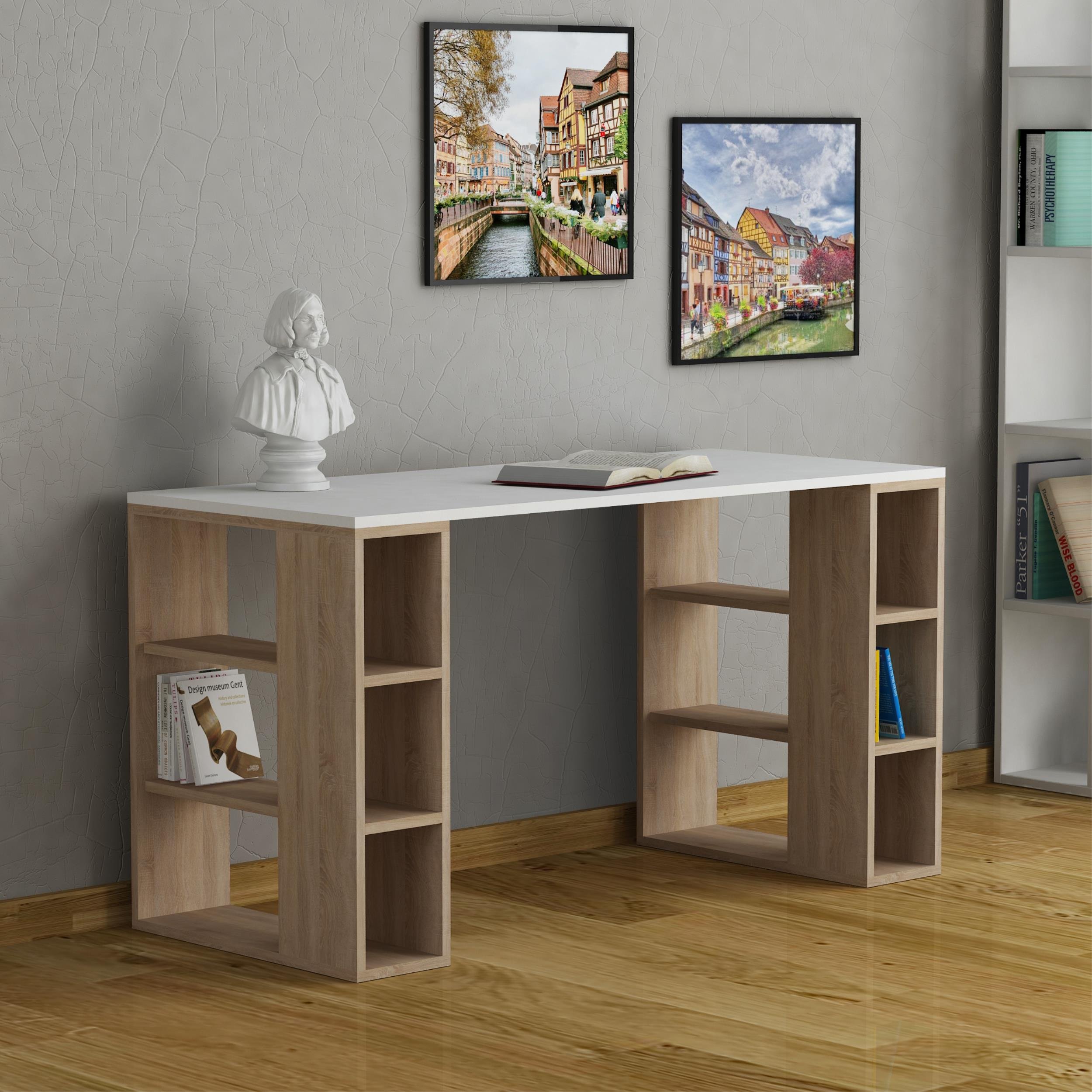 Decortie Colmar Wood-Effect Desk Open Shelving - White & Oak