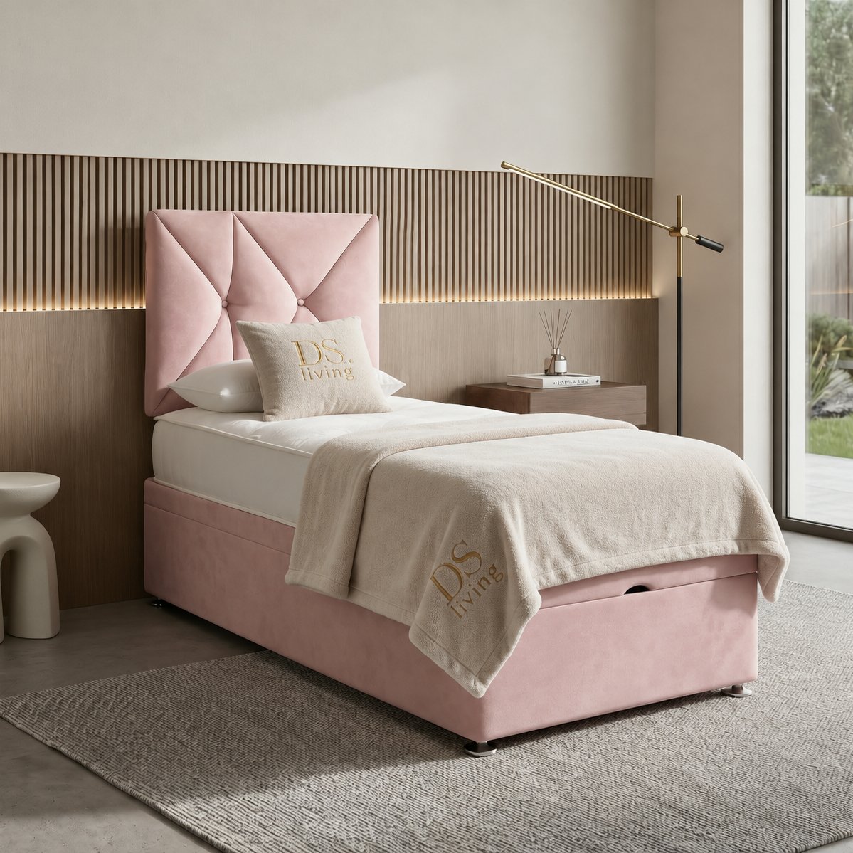 DS Living Eclipse Single Velvet Ottoman Bed Frame - Pink