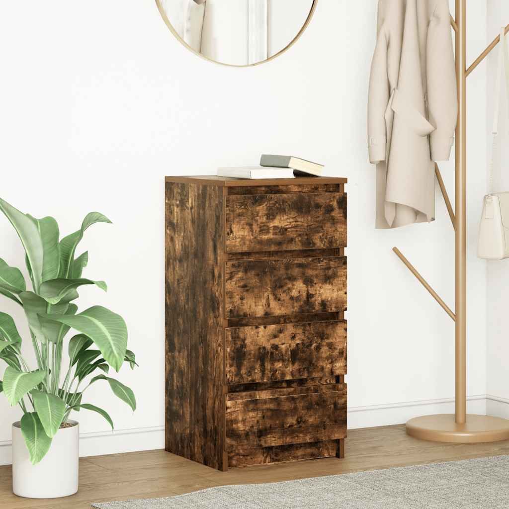 Walplus Engineered Wood 4 Drawer Sideboard - Smoked Oak - 37.5 x 35 x 76 cm
