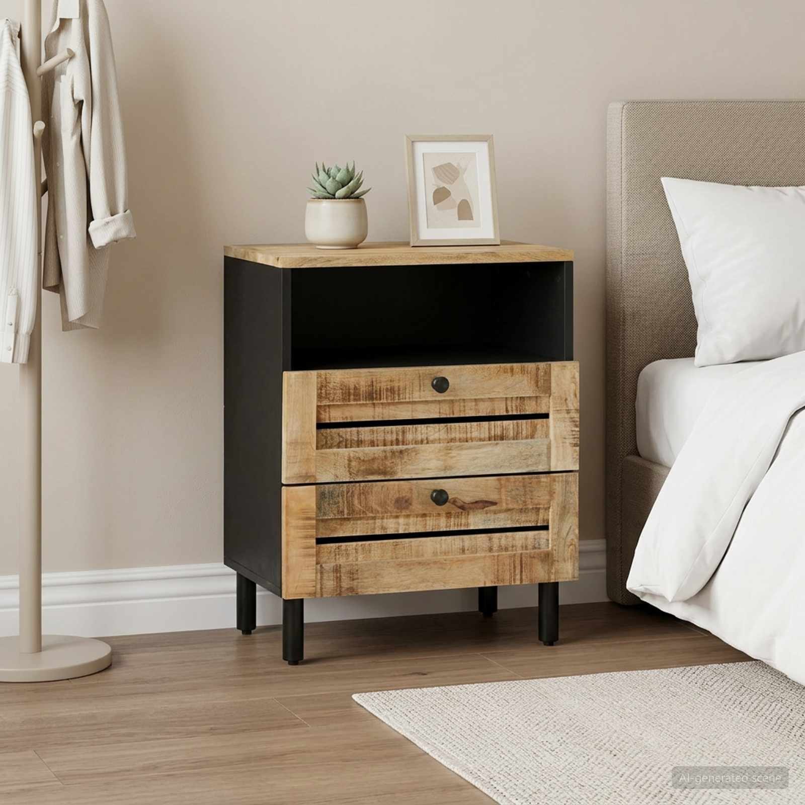 Walplus 2 Drawer Solid Wood Bedside Table - Black and Brown - 50 x 33 x 60 cm