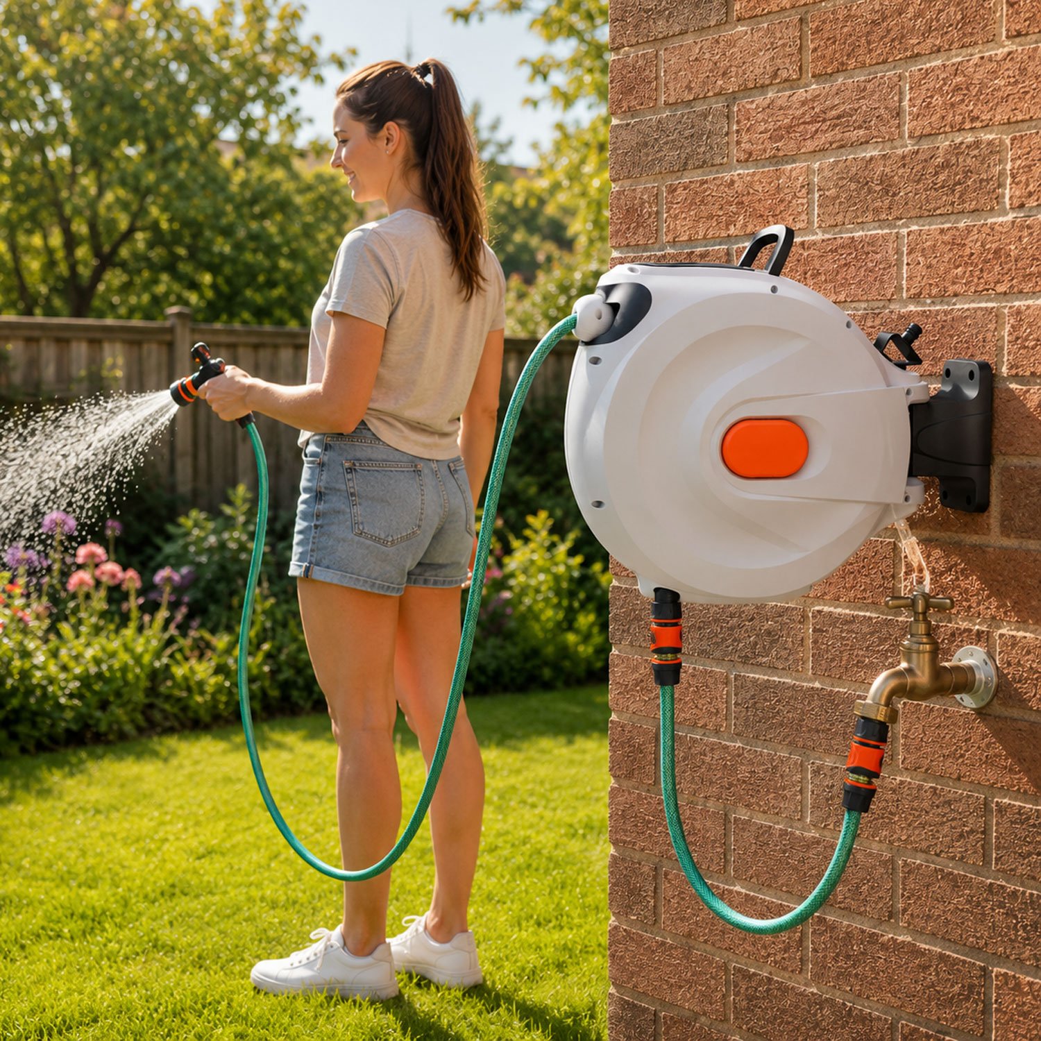Neo 30m Retractable Garden Hose Reel with 180° Swivel Bracket and 8 Spray Modes